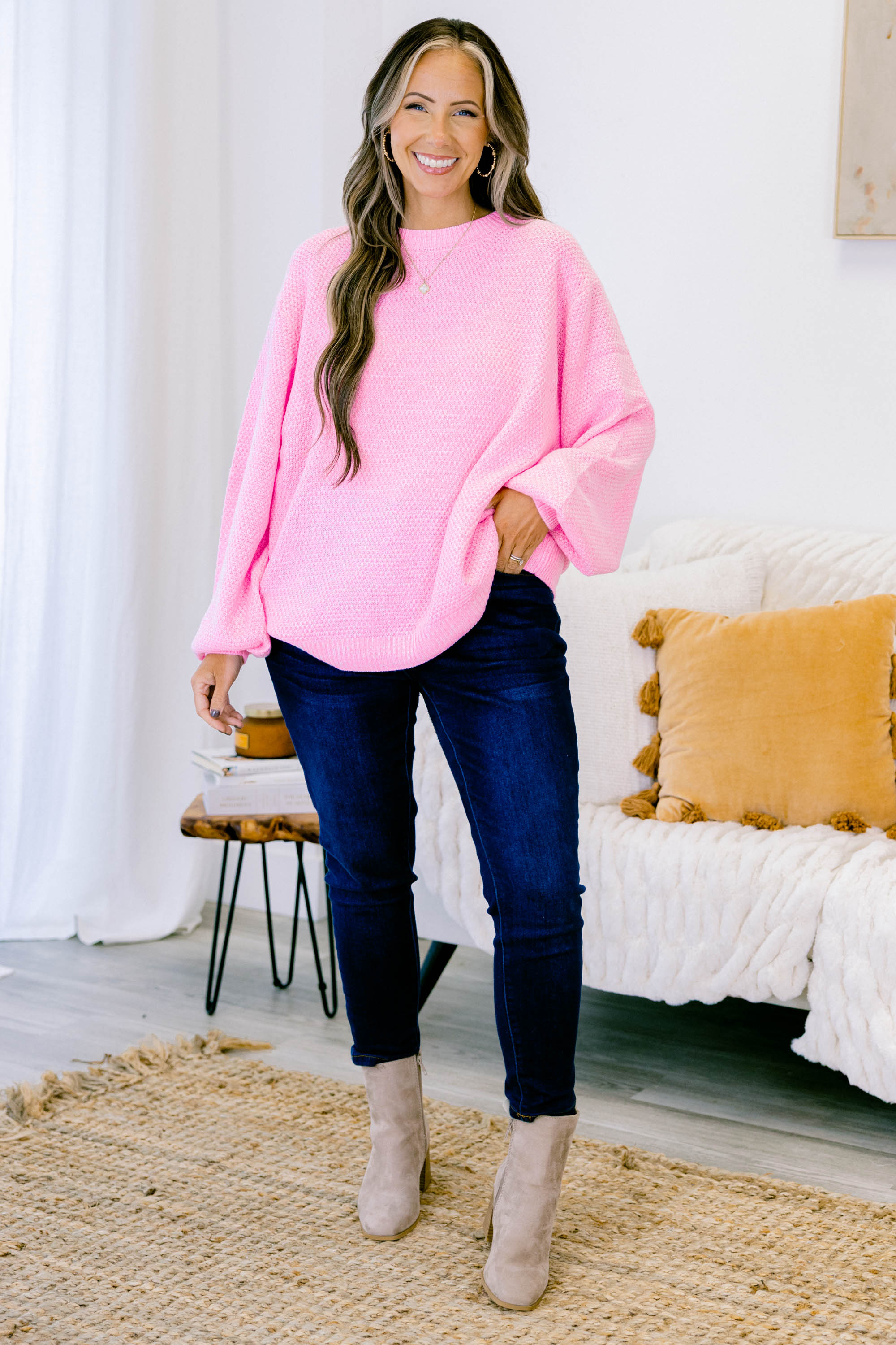 Cozy Bubble Sleeve Sweater, Spring Pink
