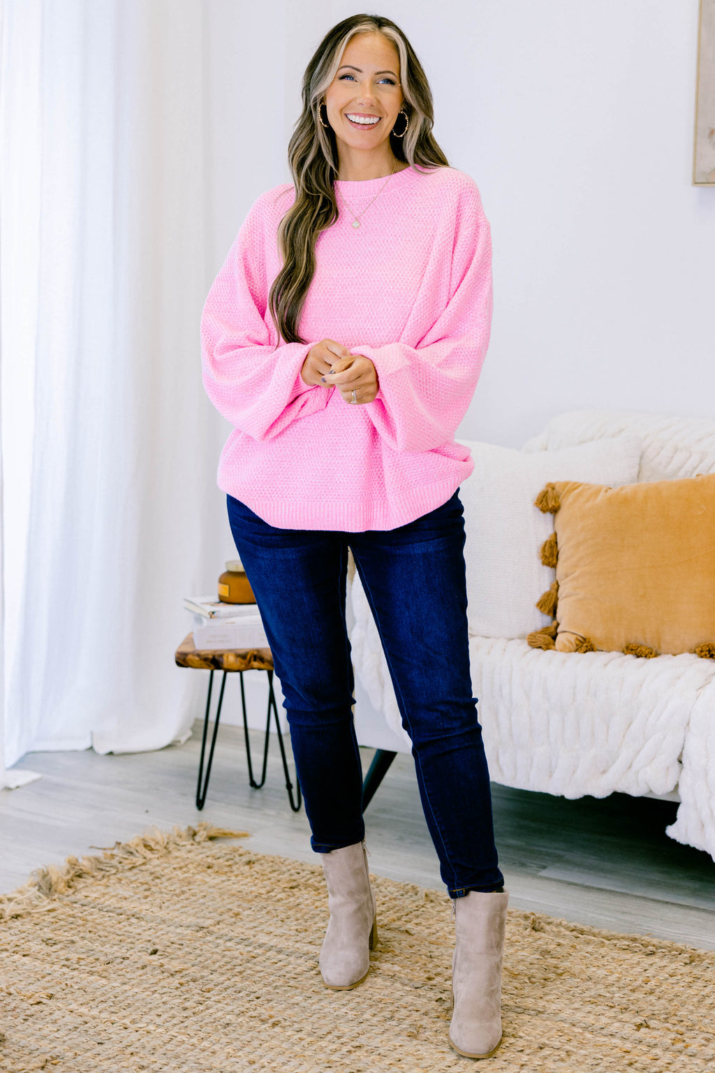 Cozy Bubble Sleeve Sweater, Spring Pink