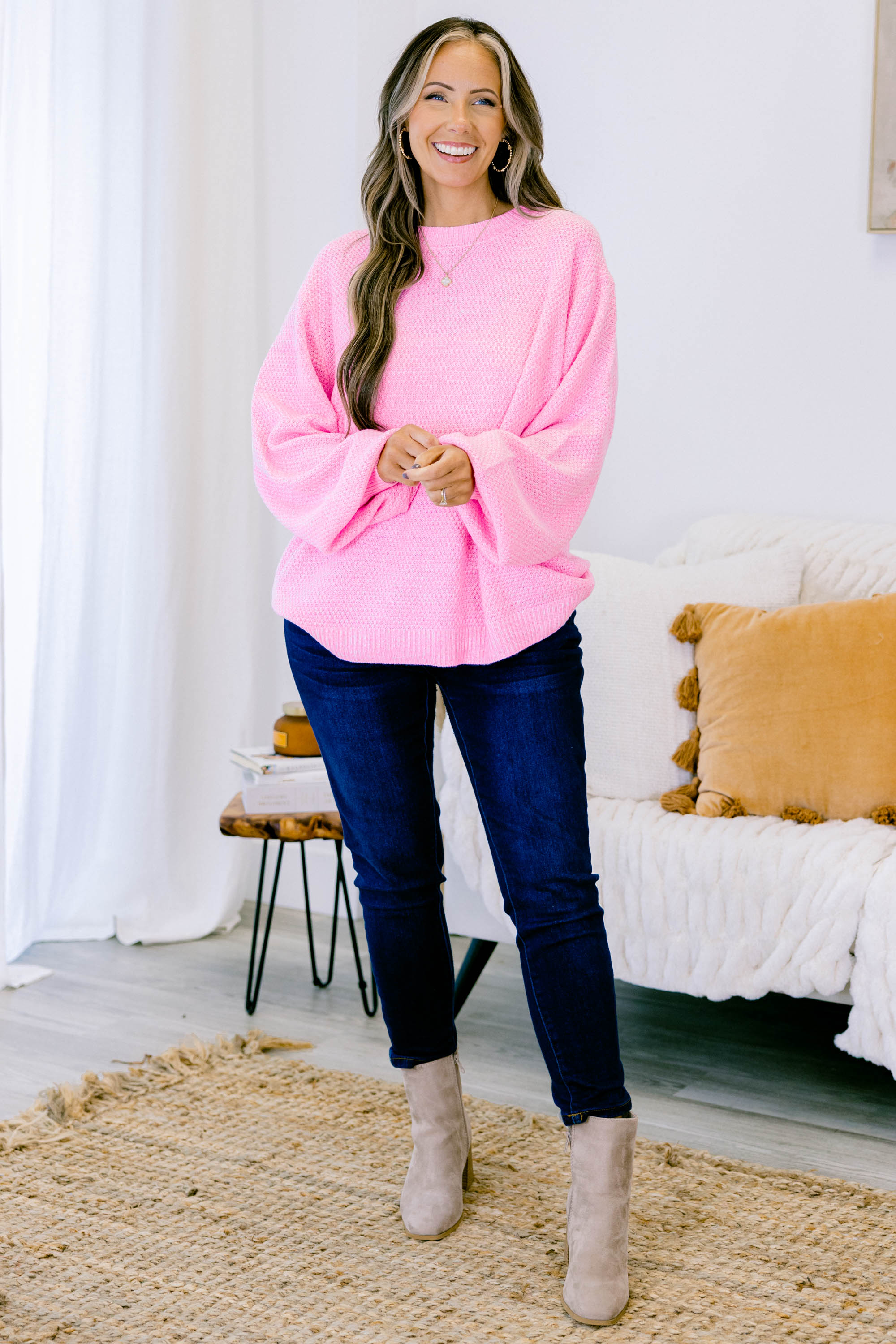 Cozy Bubble Sleeve Sweater, Spring Pink