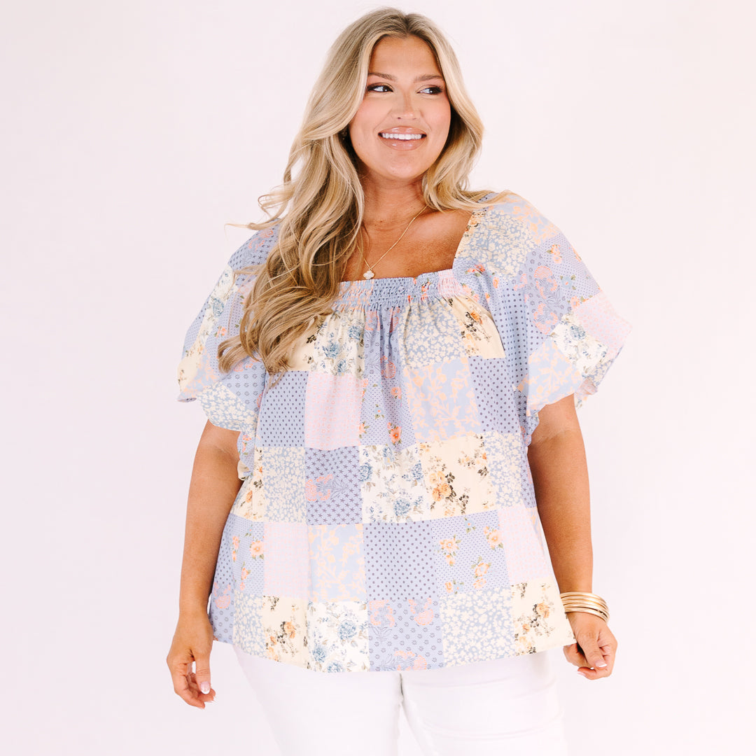 Cozy Love Top, Blue Patchwork