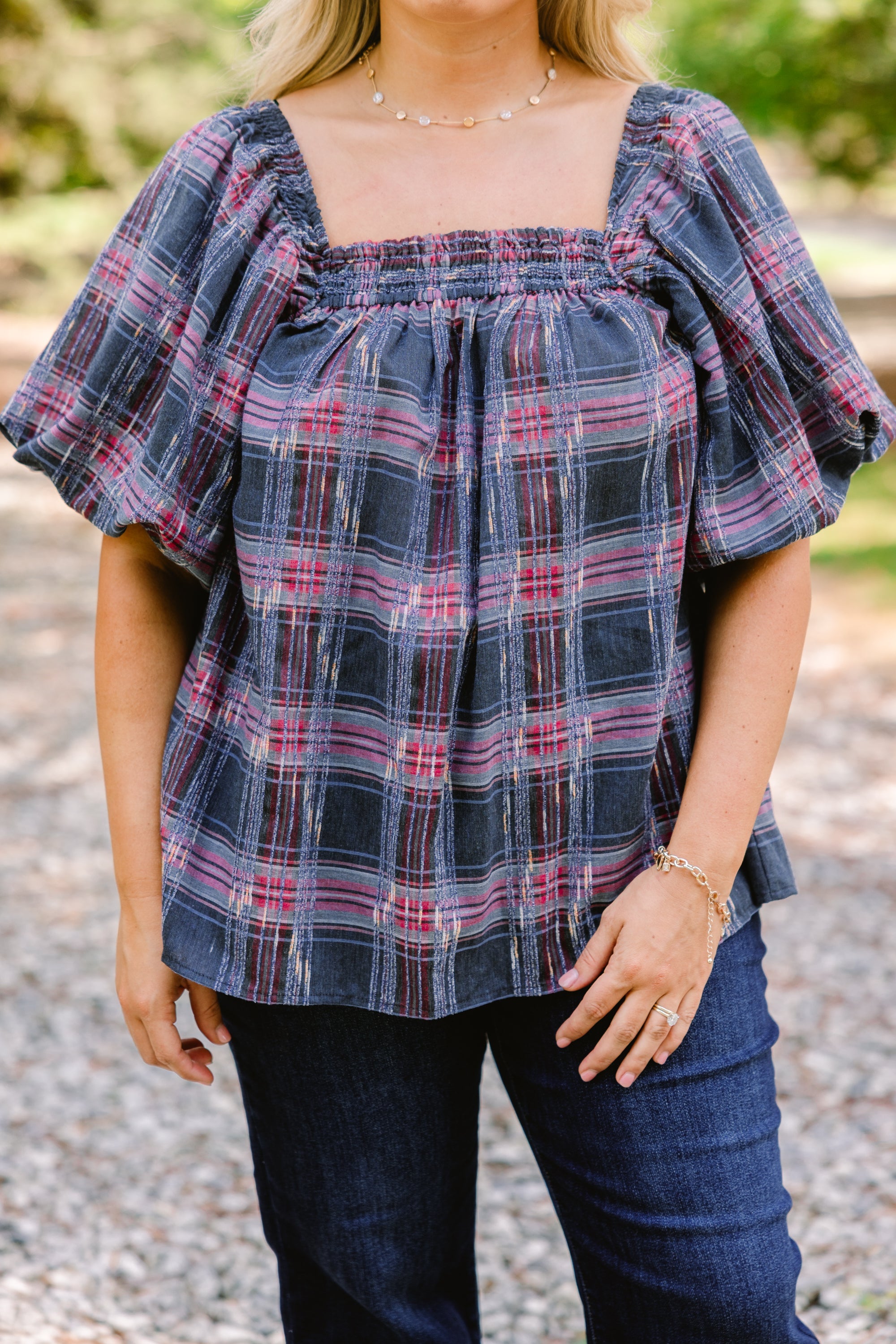 Cozy Love Top, Gray-Pink Plaid