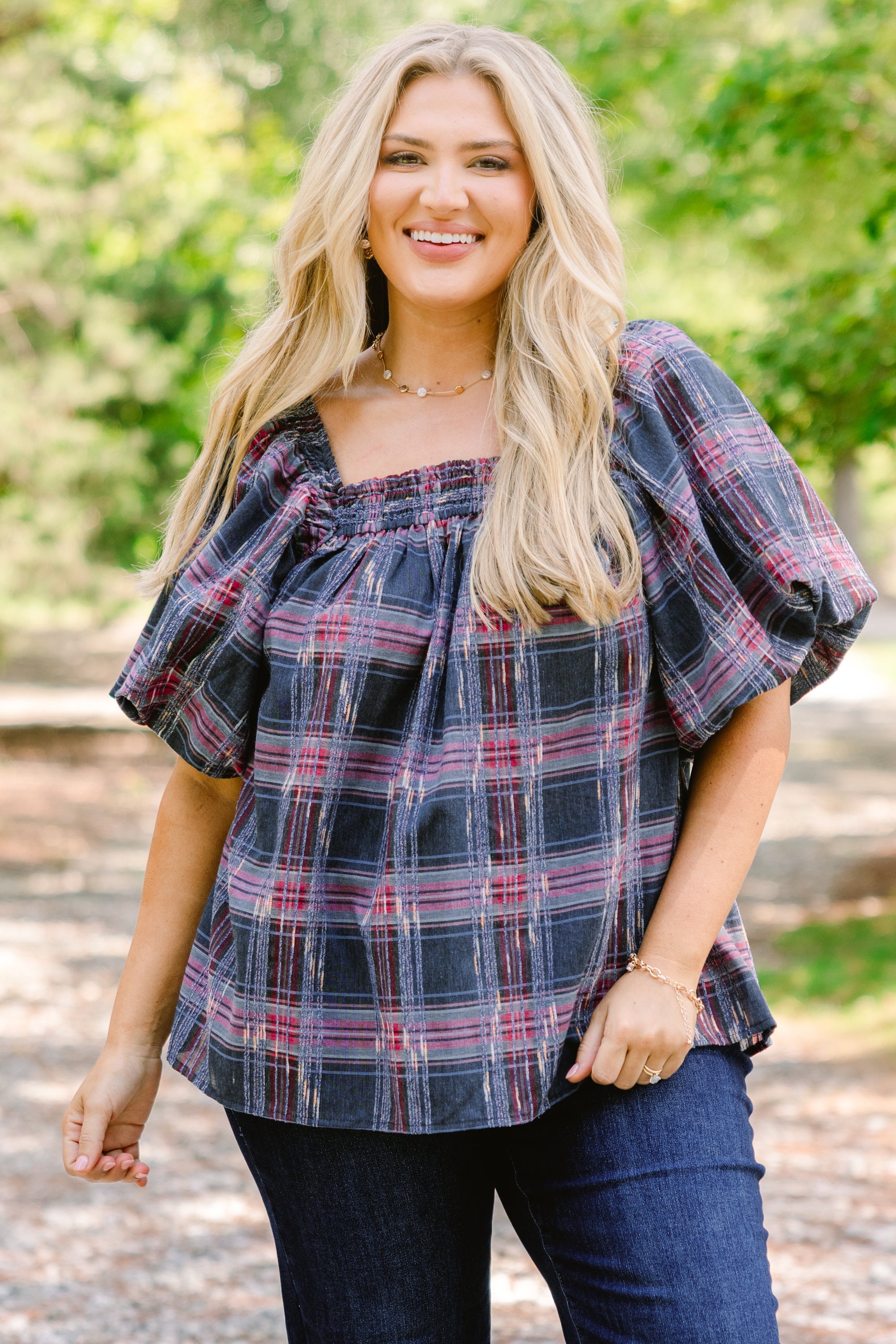 Cozy Love Top, Gray-Pink Plaid
