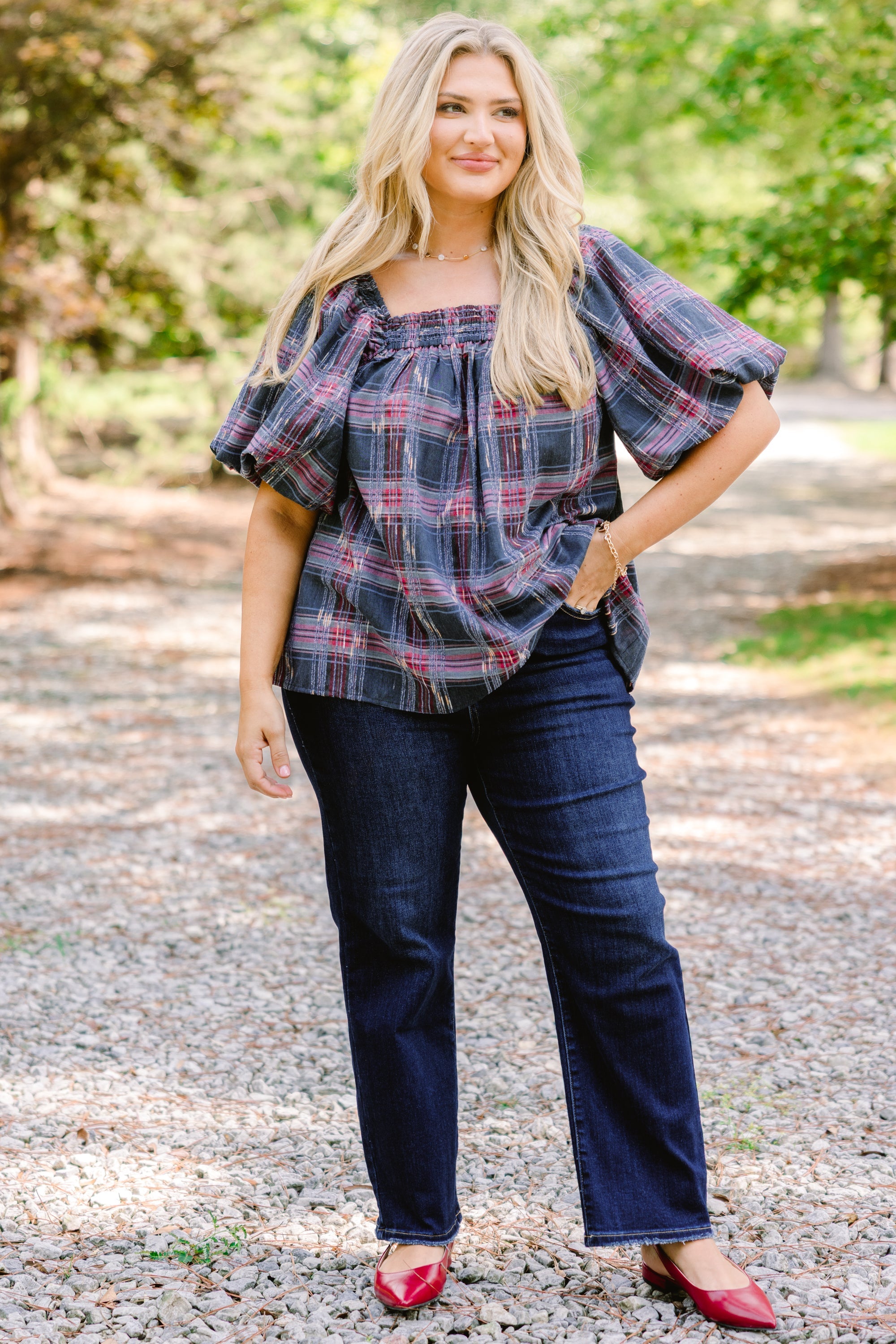 Cozy Love Top, Gray-Pink Plaid
