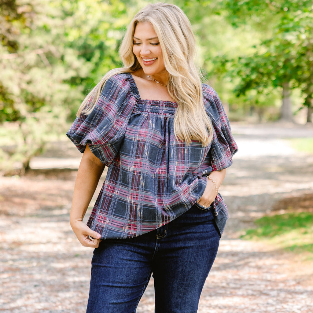 Cozy Love Top, Gray-Pink Plaid