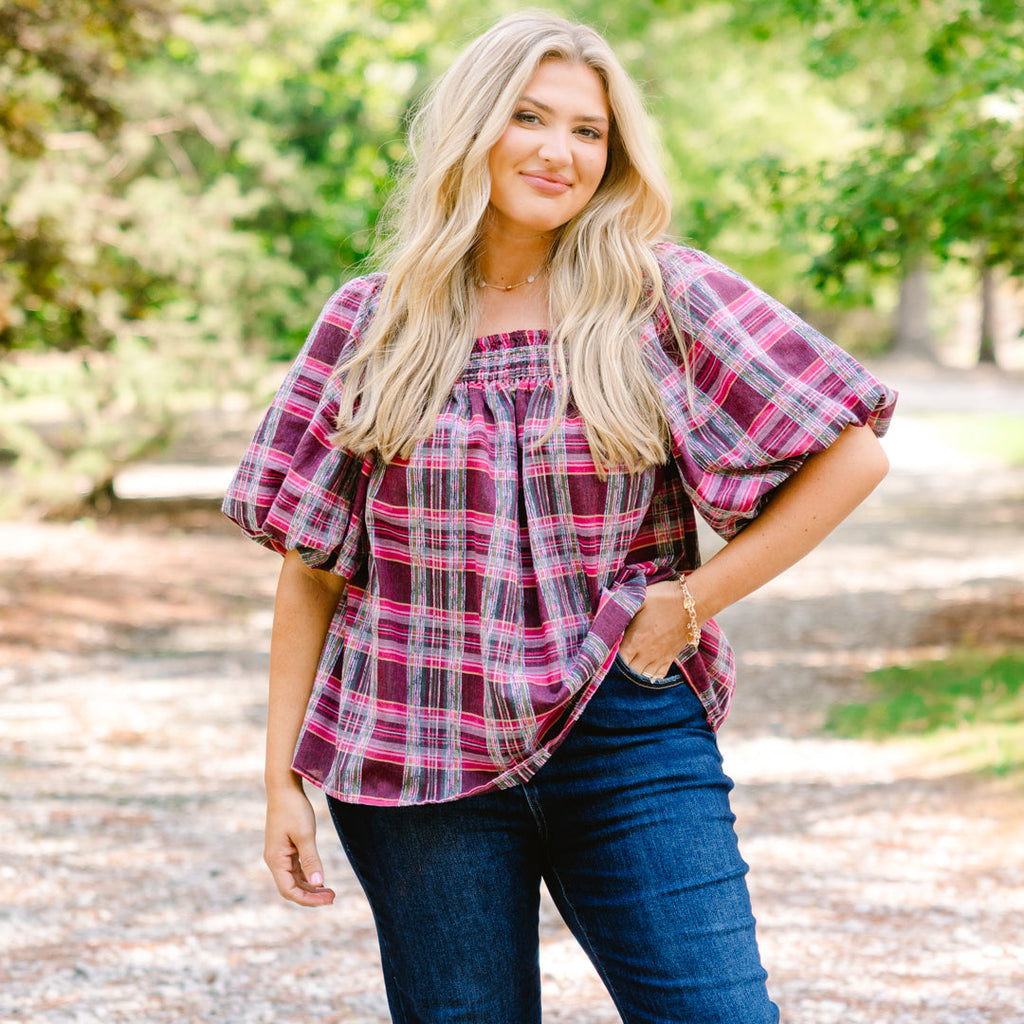 Cozy Love Top, Pink Plaid