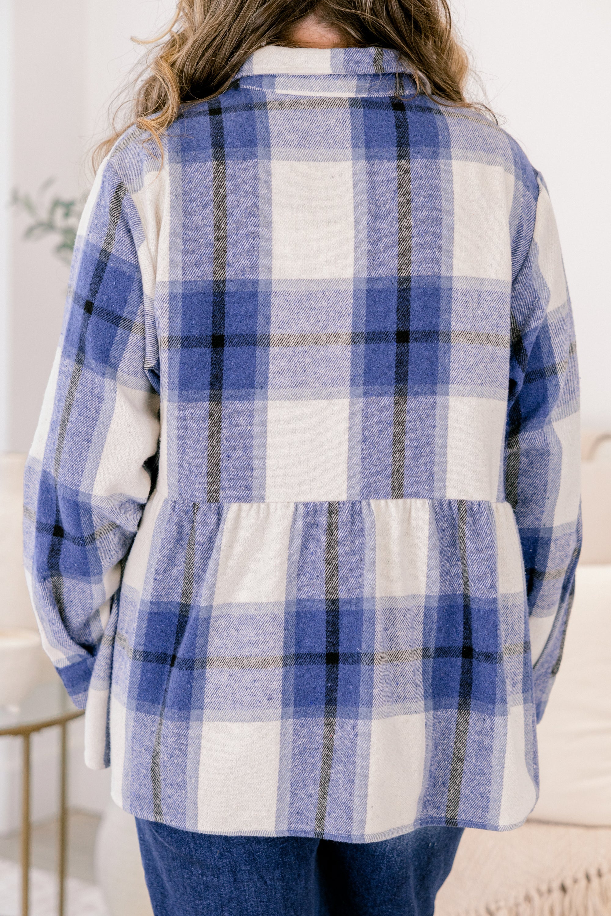 Cozy Plaid Babydoll Shacket, Navy