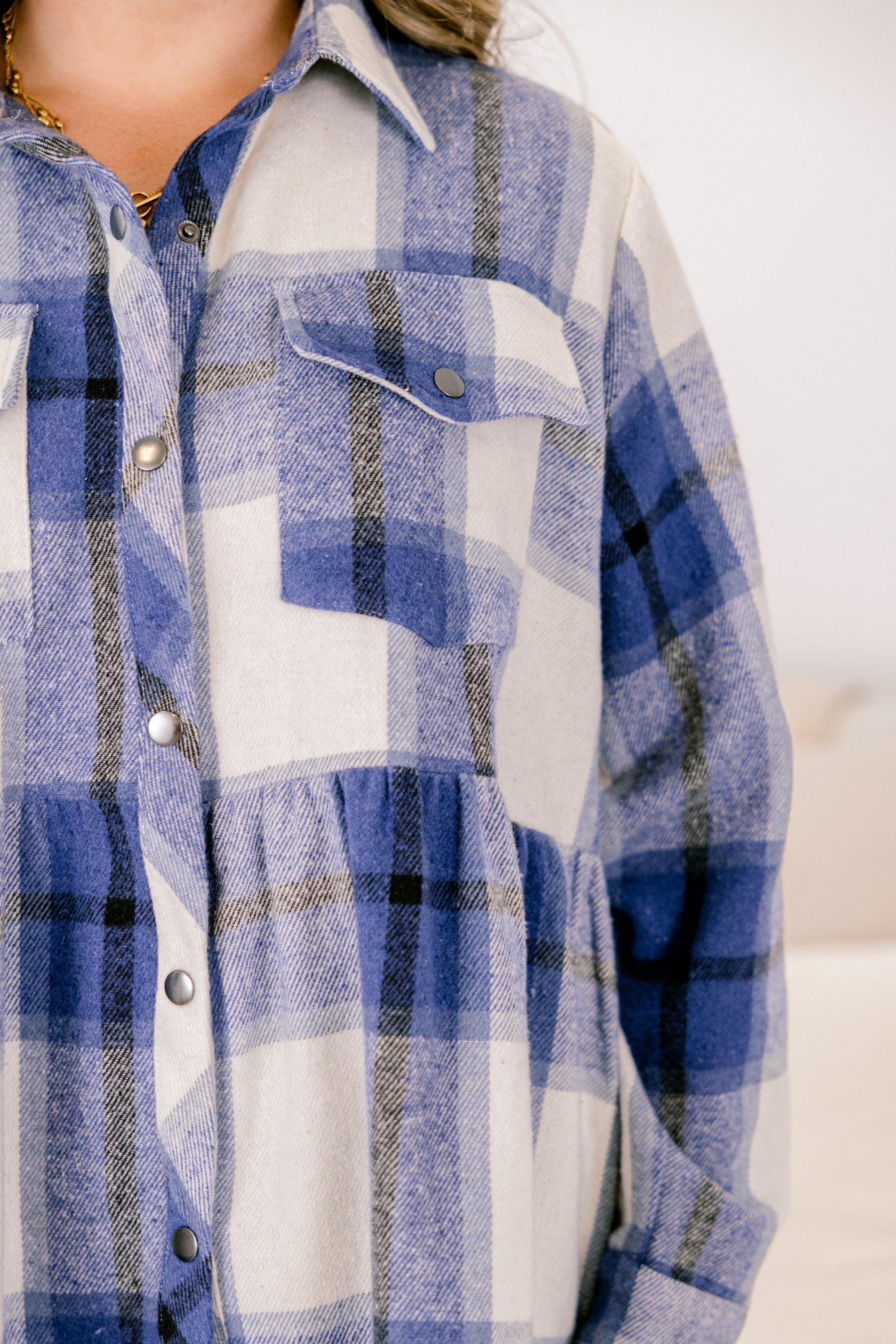 Cozy Plaid Babydoll Shacket, Navy