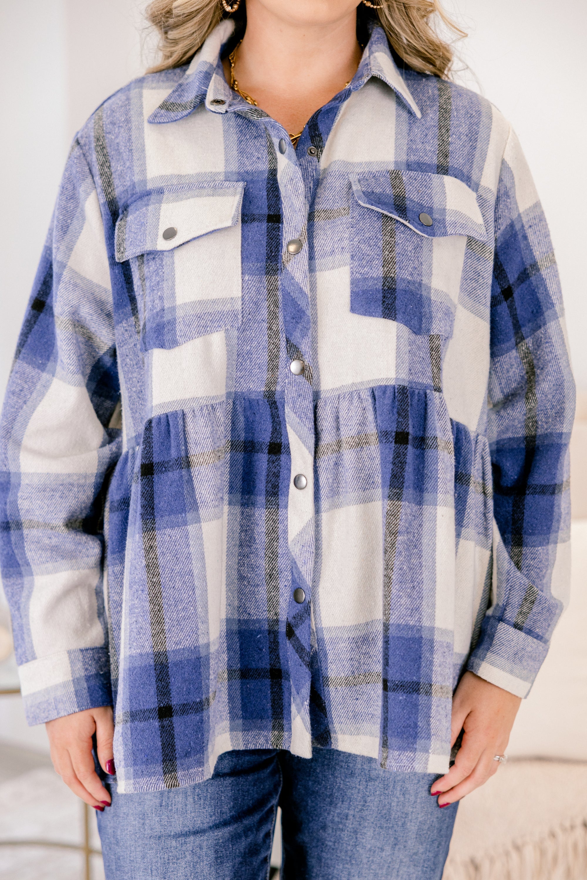 Cozy Plaid Babydoll Shacket, Navy