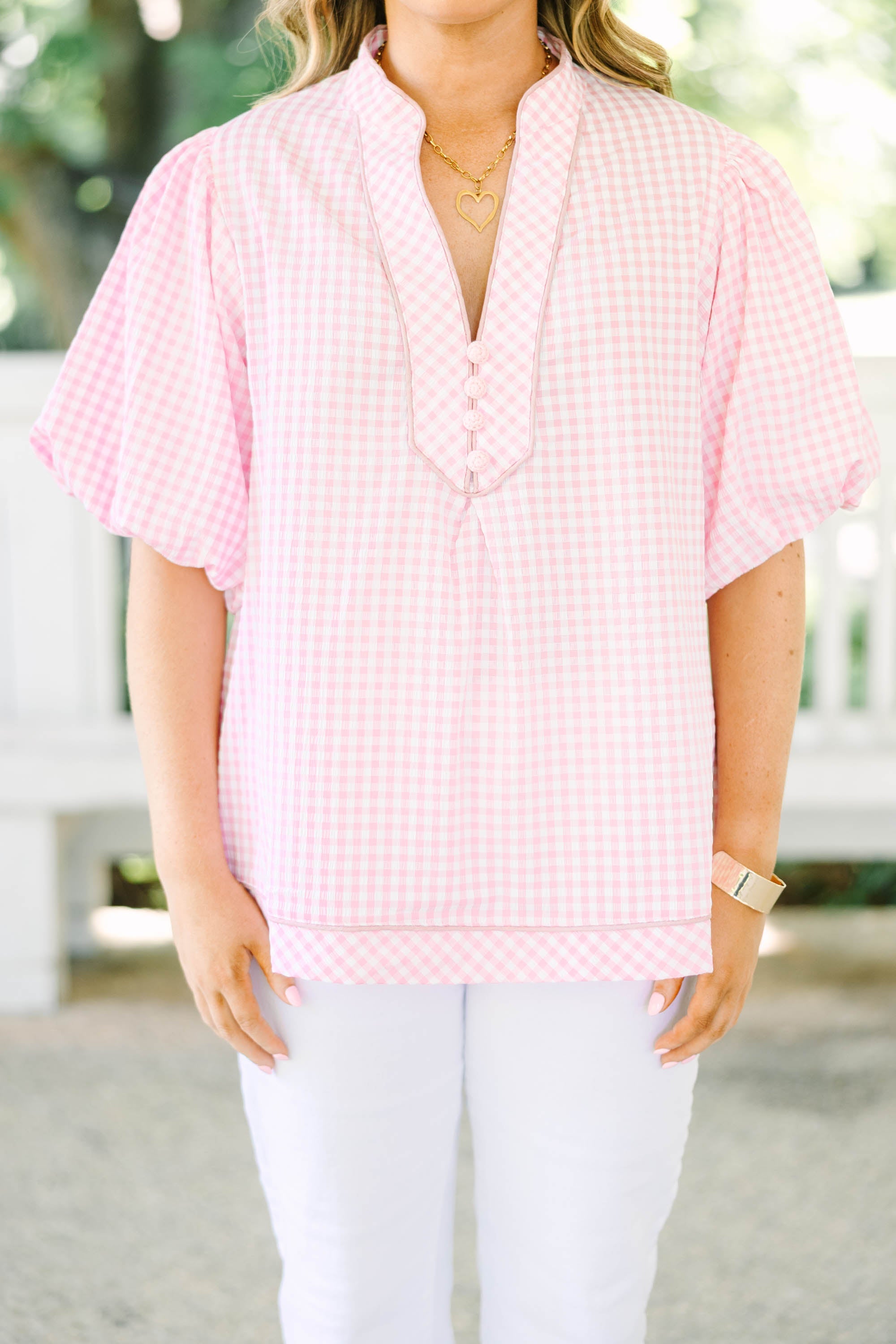 Created Beauty Top, Pink Gingham