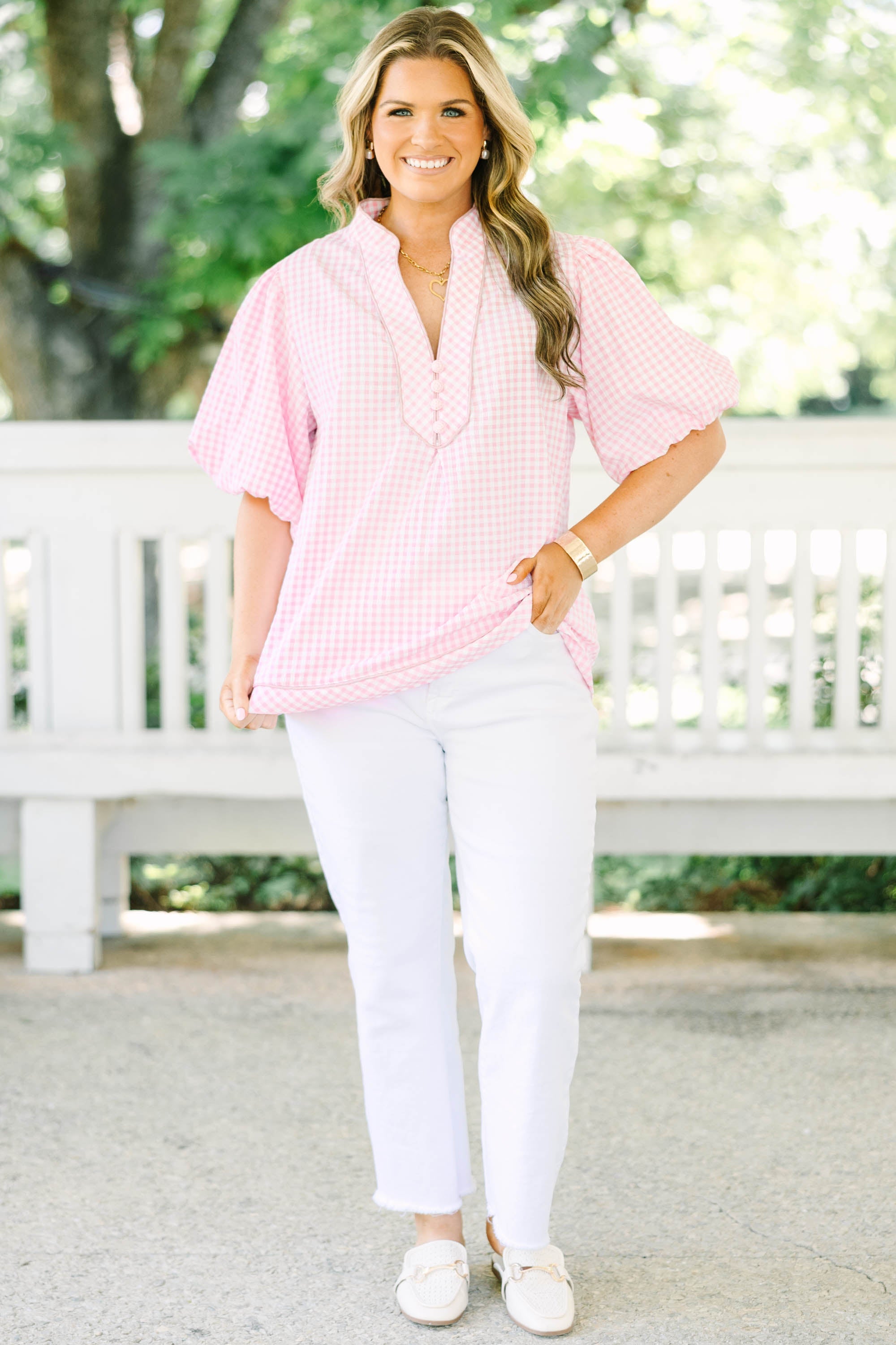 Created Beauty Top, Pink Gingham