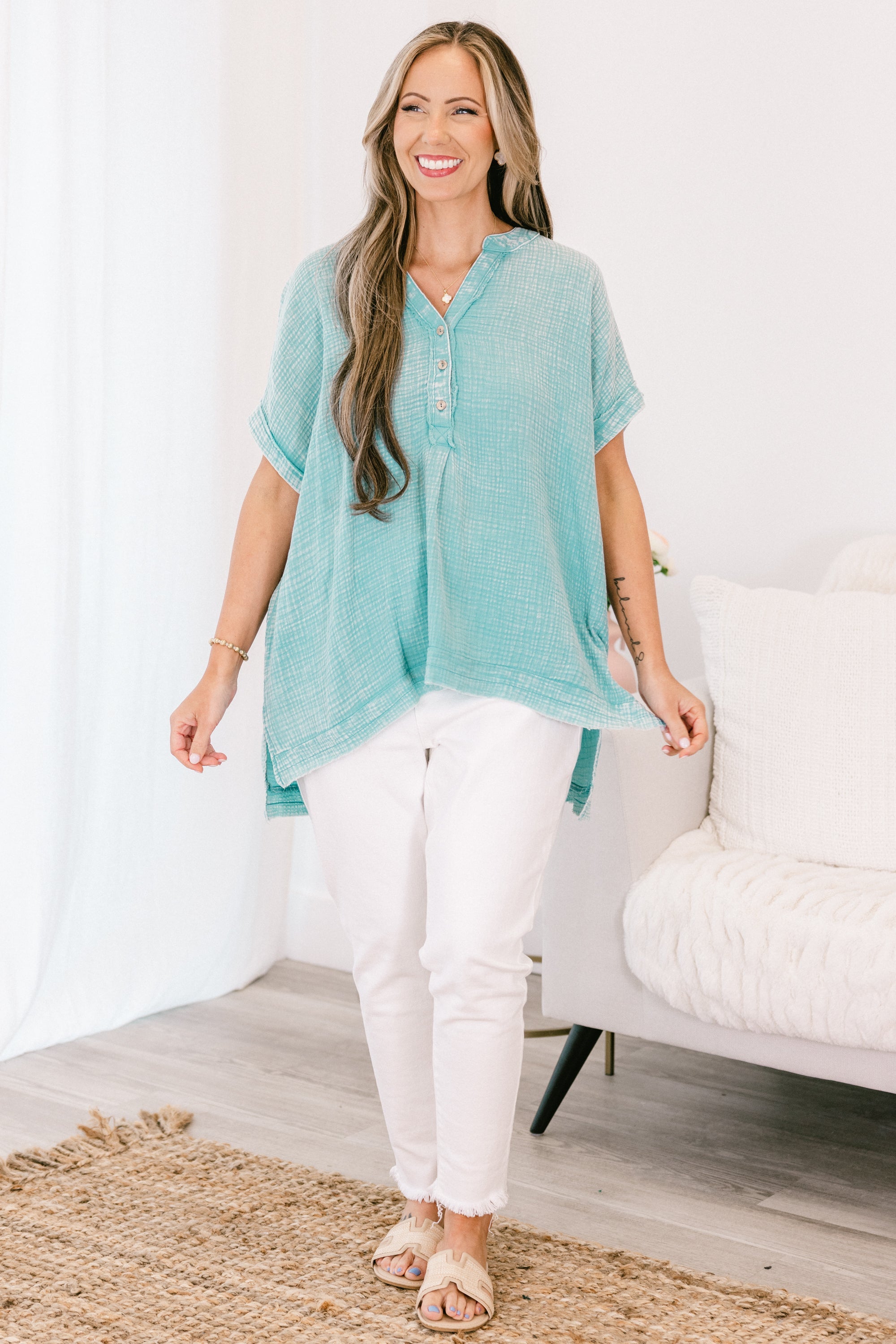Cute And Carefree Top, Dusty Teal
