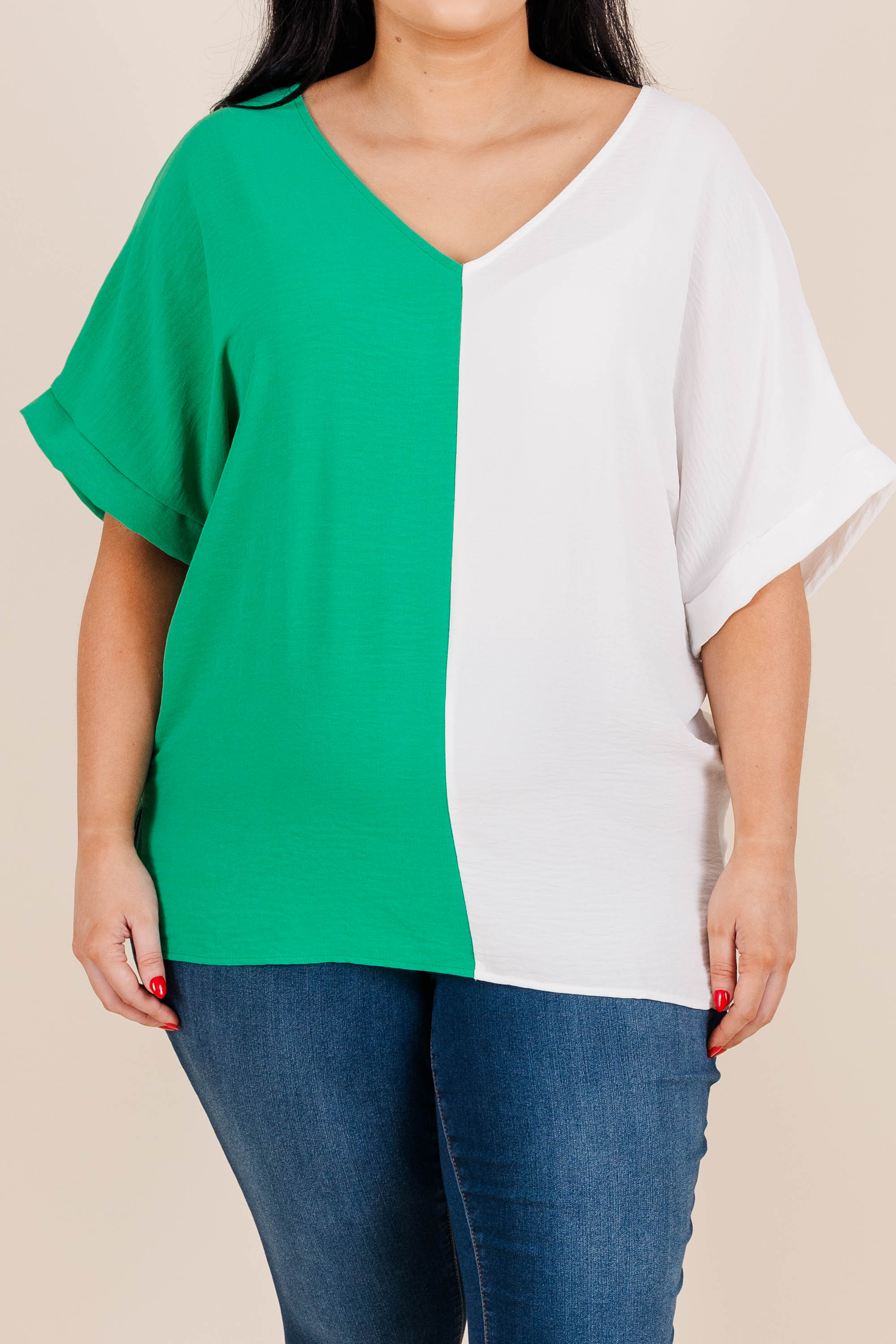 Double Dose of Color Top, Kelly/Off White