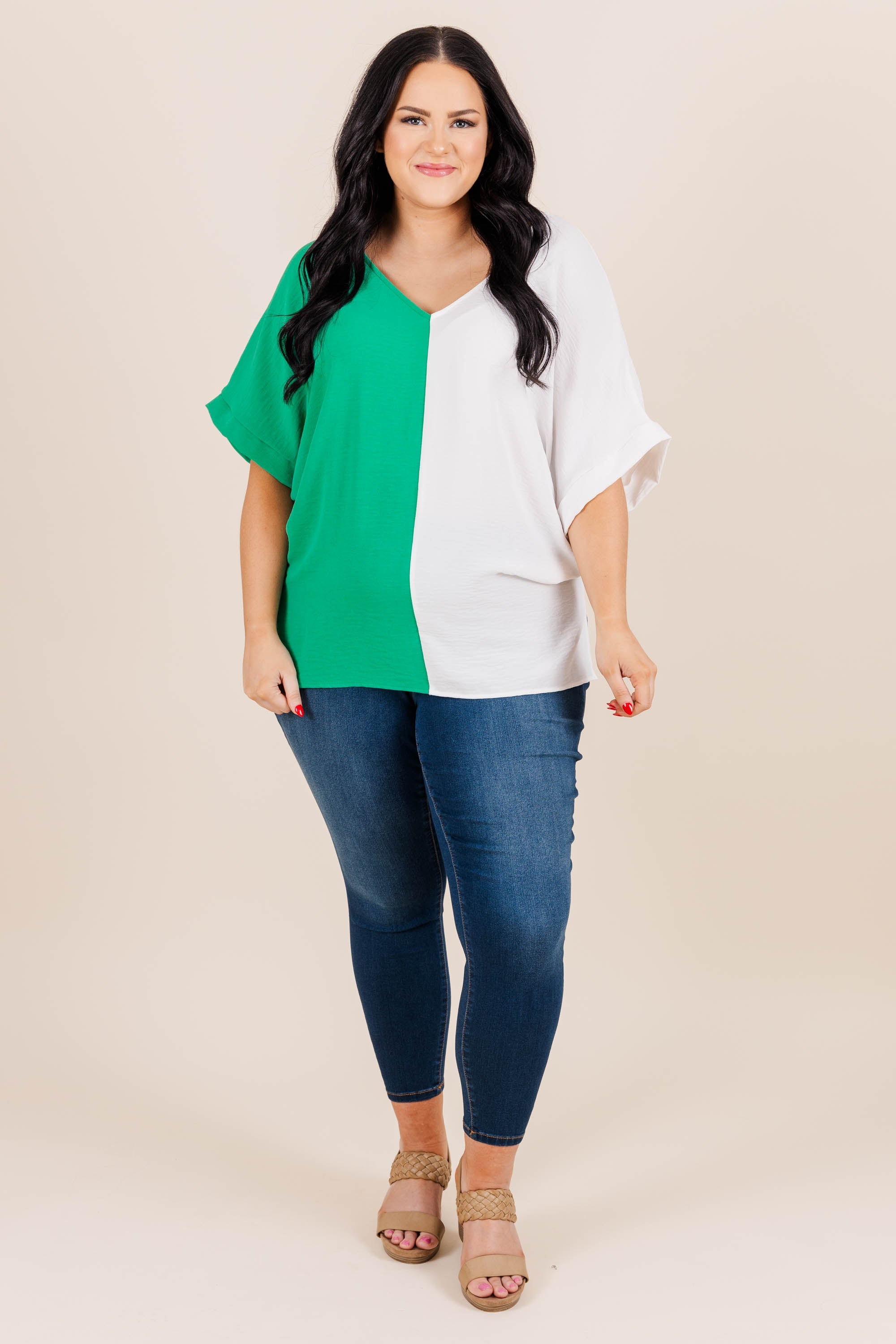 Double Dose of Color Top, Kelly/Off White