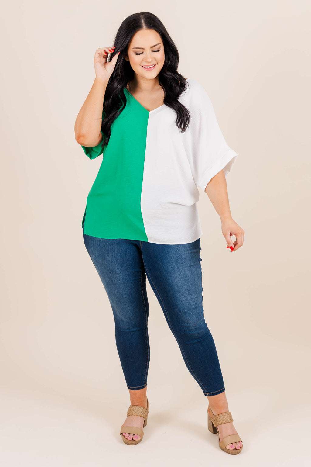 Double Dose of Color Top, Kelly/Off White