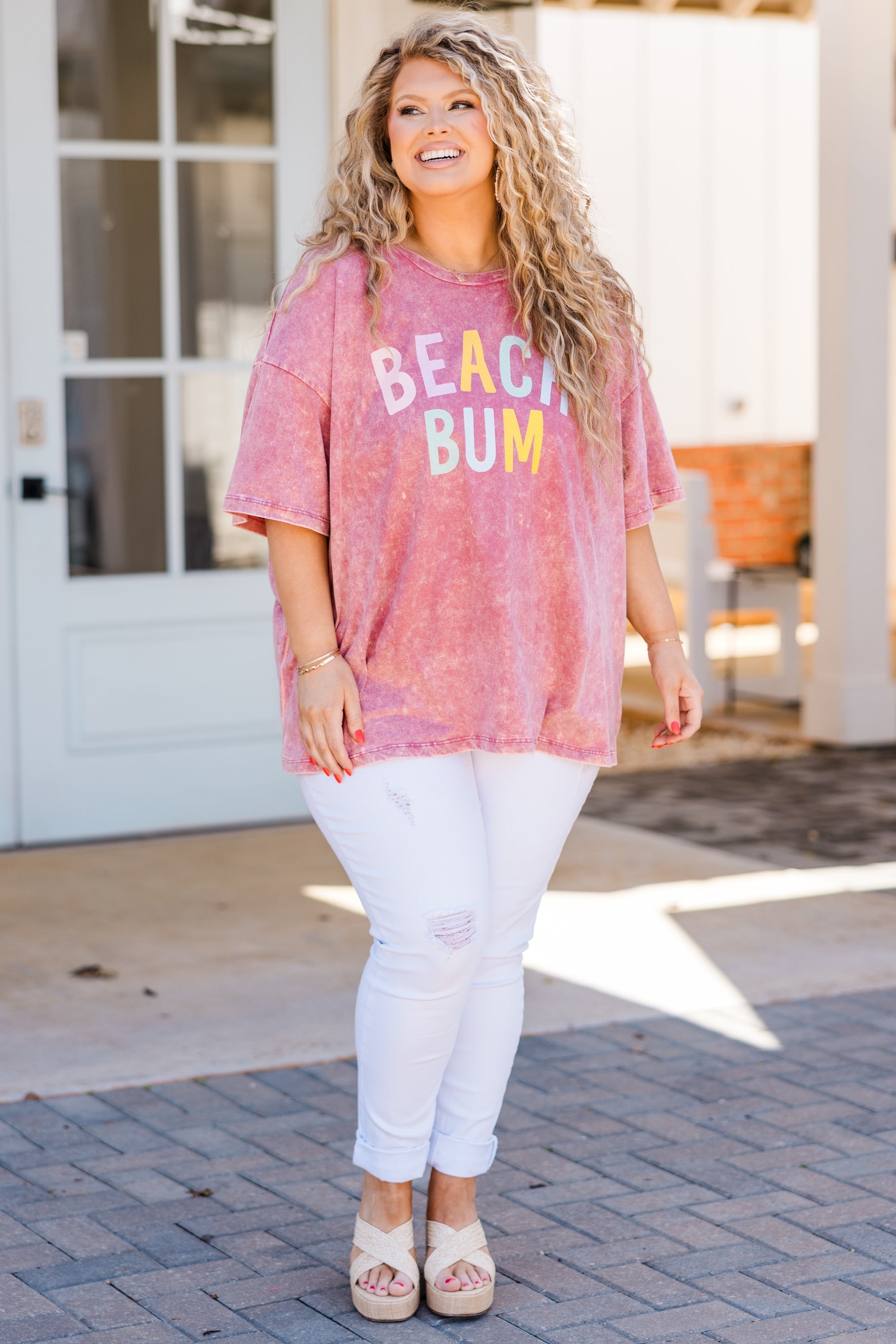 Down By The Coast Boyfriend Tee, Ash Pink Acid Wash