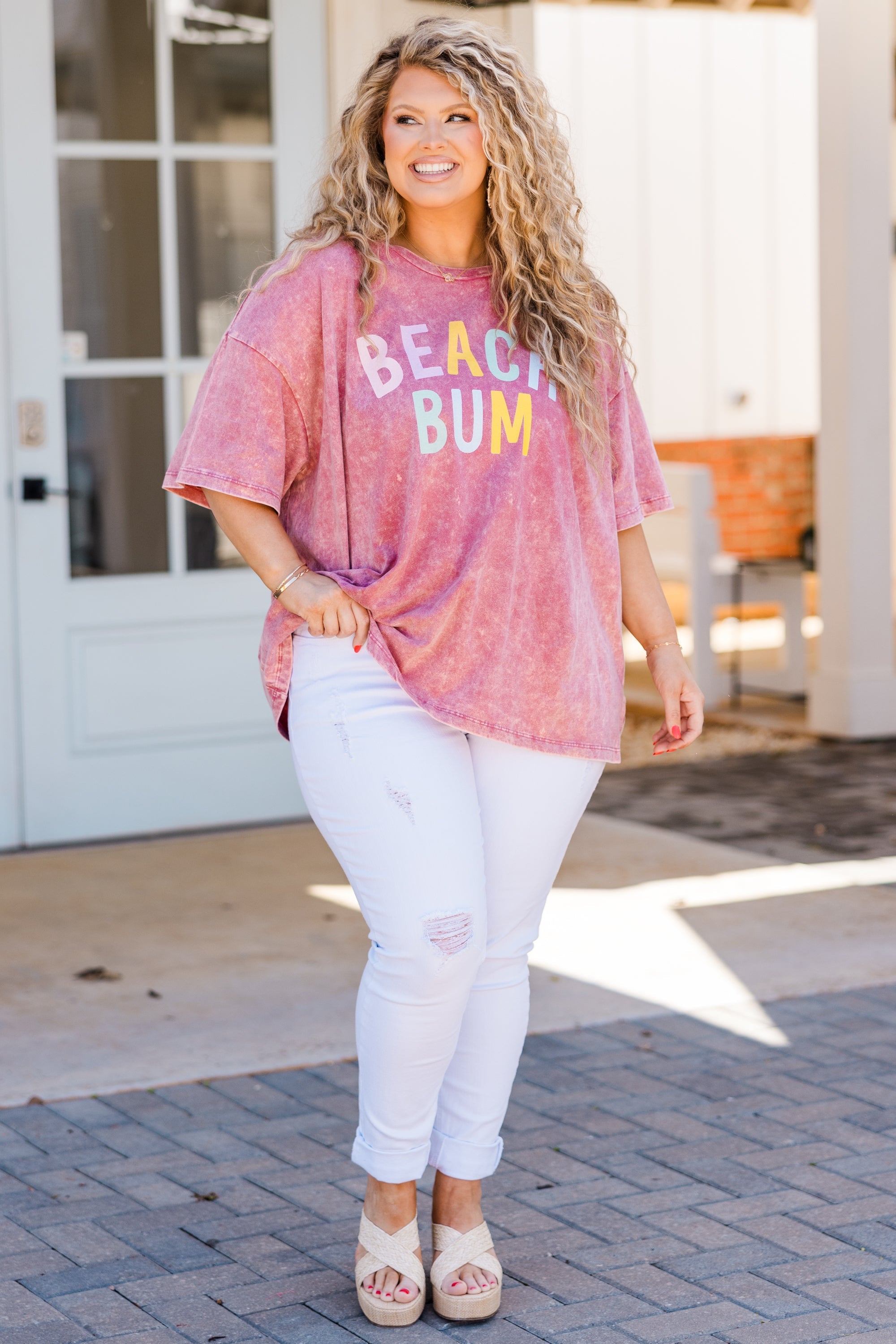 Down By The Coast Boyfriend Tee, Ash Pink Acid Wash