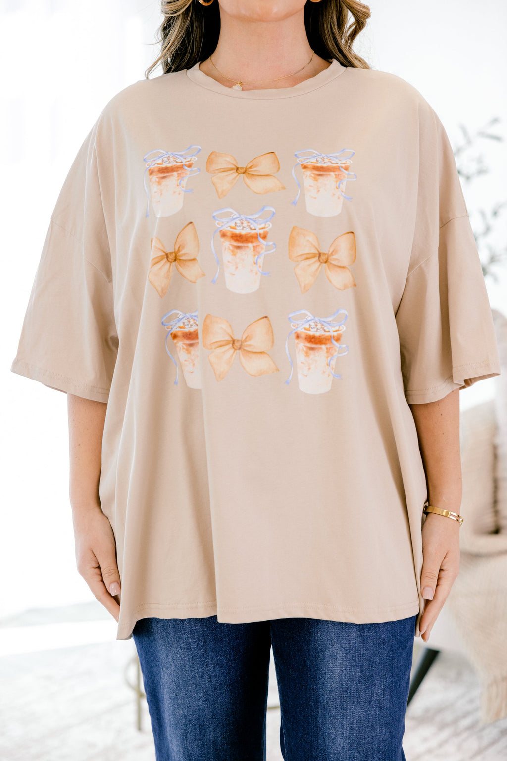 Espressos & Bows Boyfriend Tee, Light Mocha