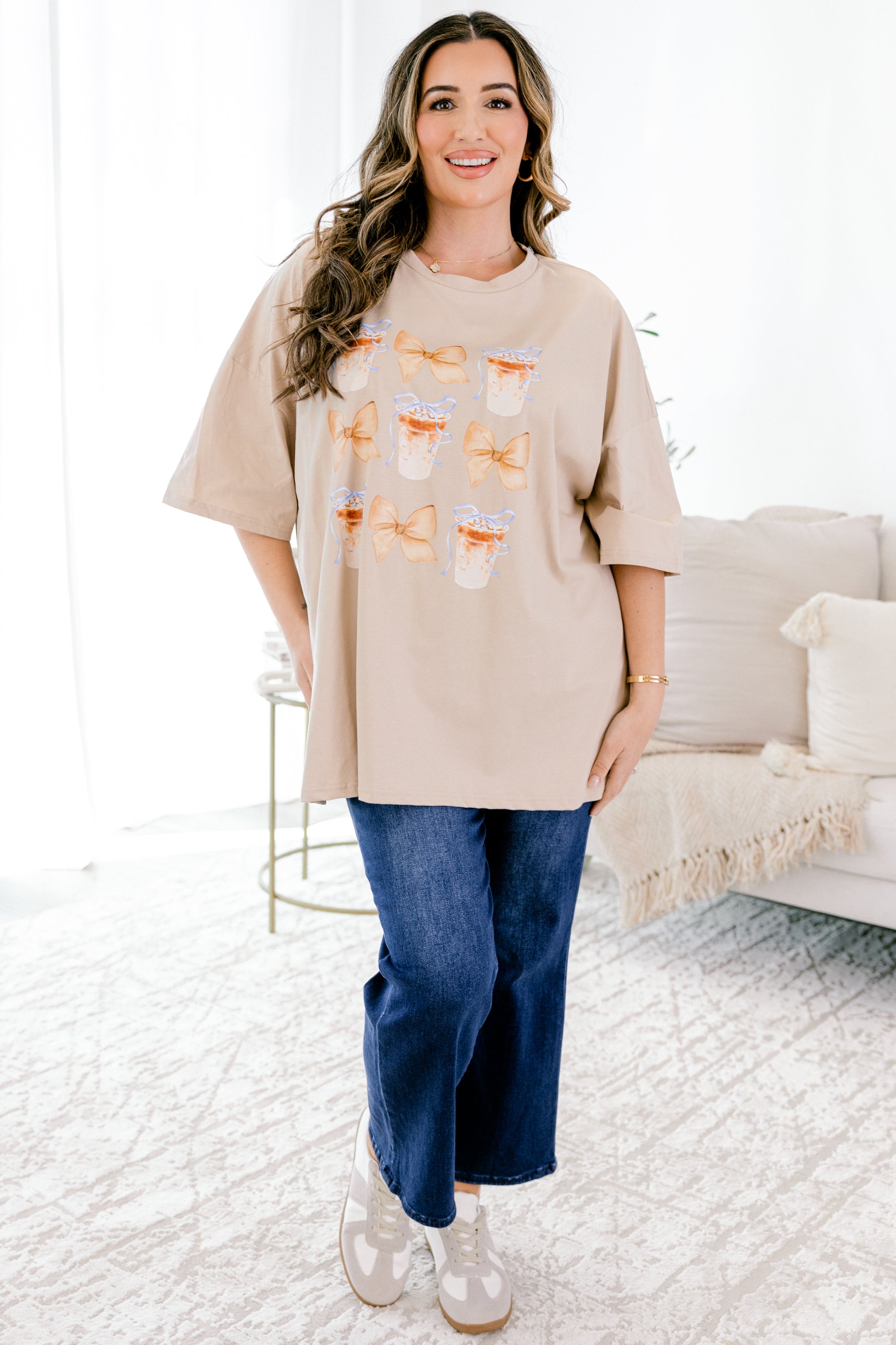 Espressos & Bows Boyfriend Tee, Light Mocha