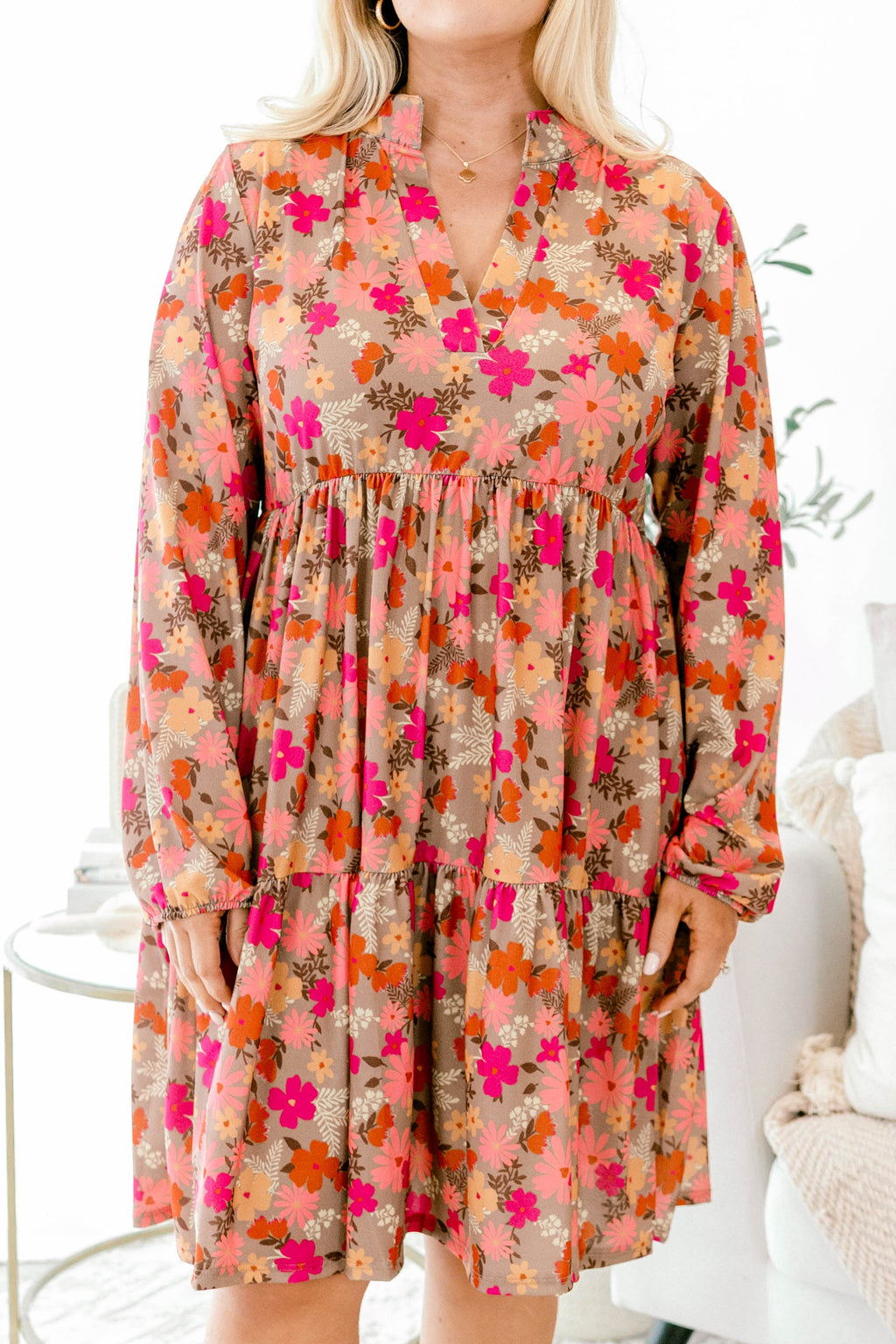 Fabulous Florals Dress, Mocha Multi