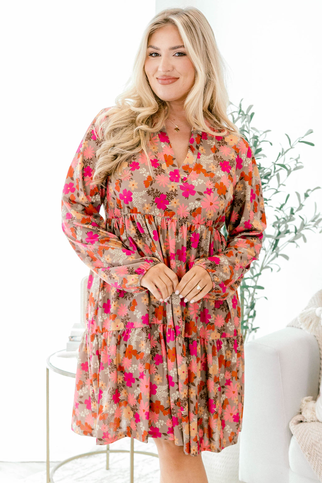 Fabulous Florals Dress, Mocha Multi