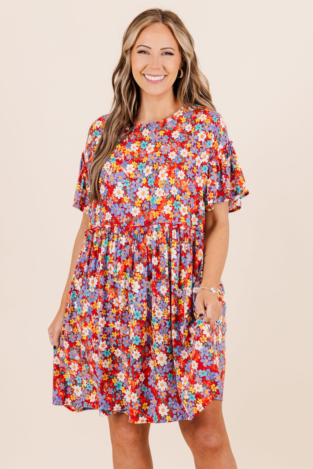 Fire Flower Babydoll Dress, Red