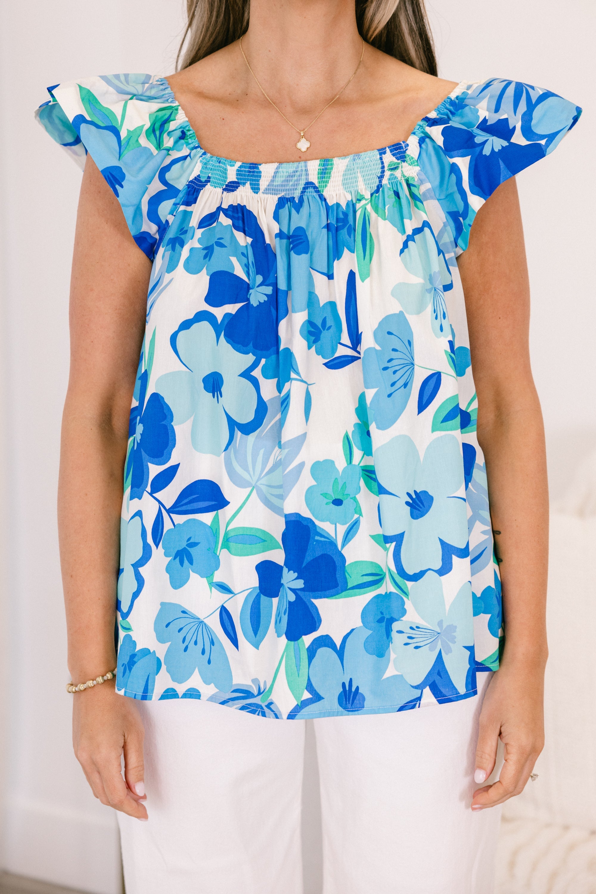 Floral Flounce Top, Blue Multi