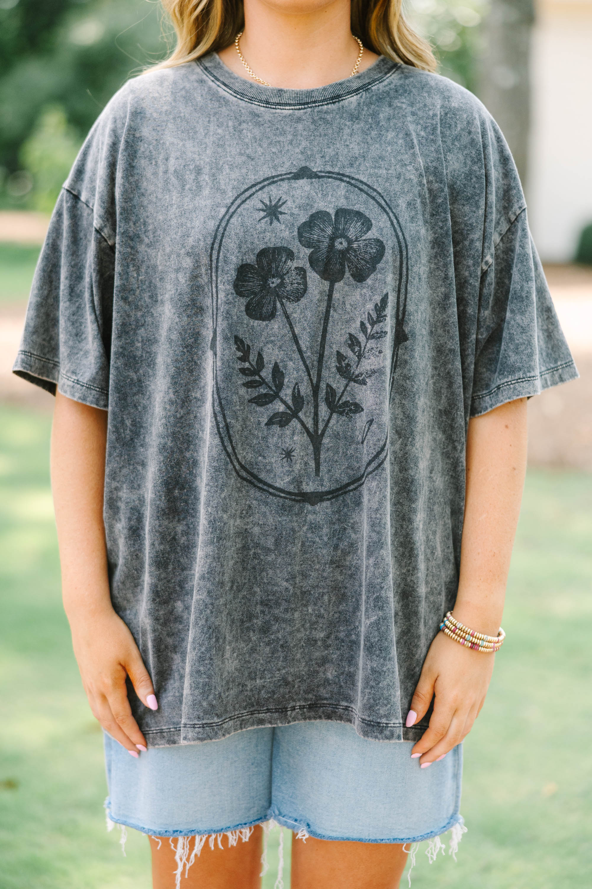 Flower Child Acid Wash Relaxed Tee, Black
