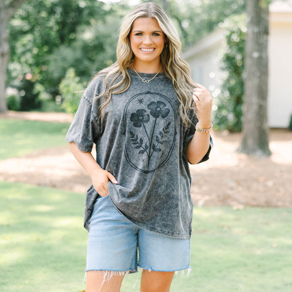 Flower Child Acid Wash Relaxed Tee, Black