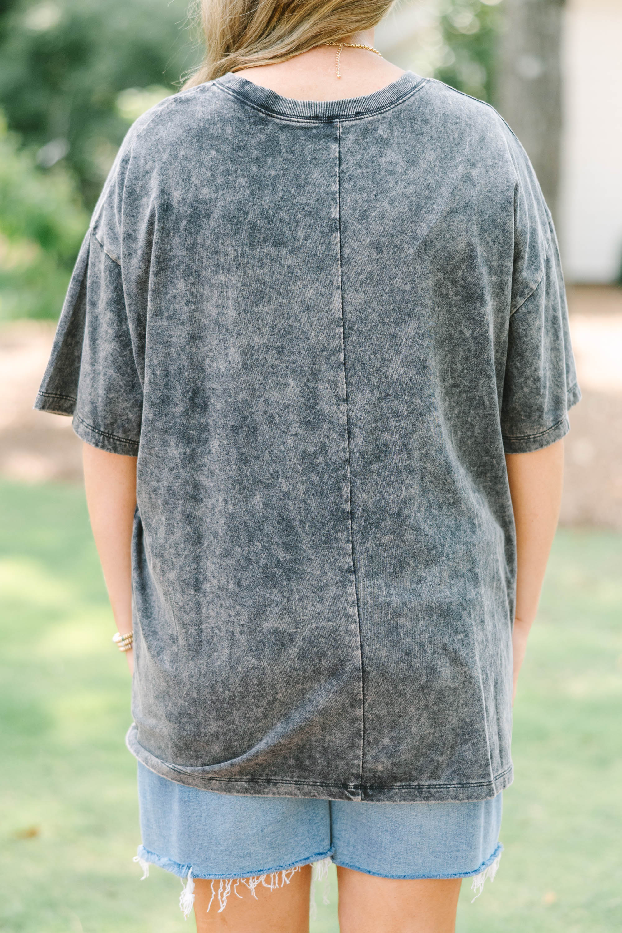 Flower Child Acid Wash Relaxed Tee, Black