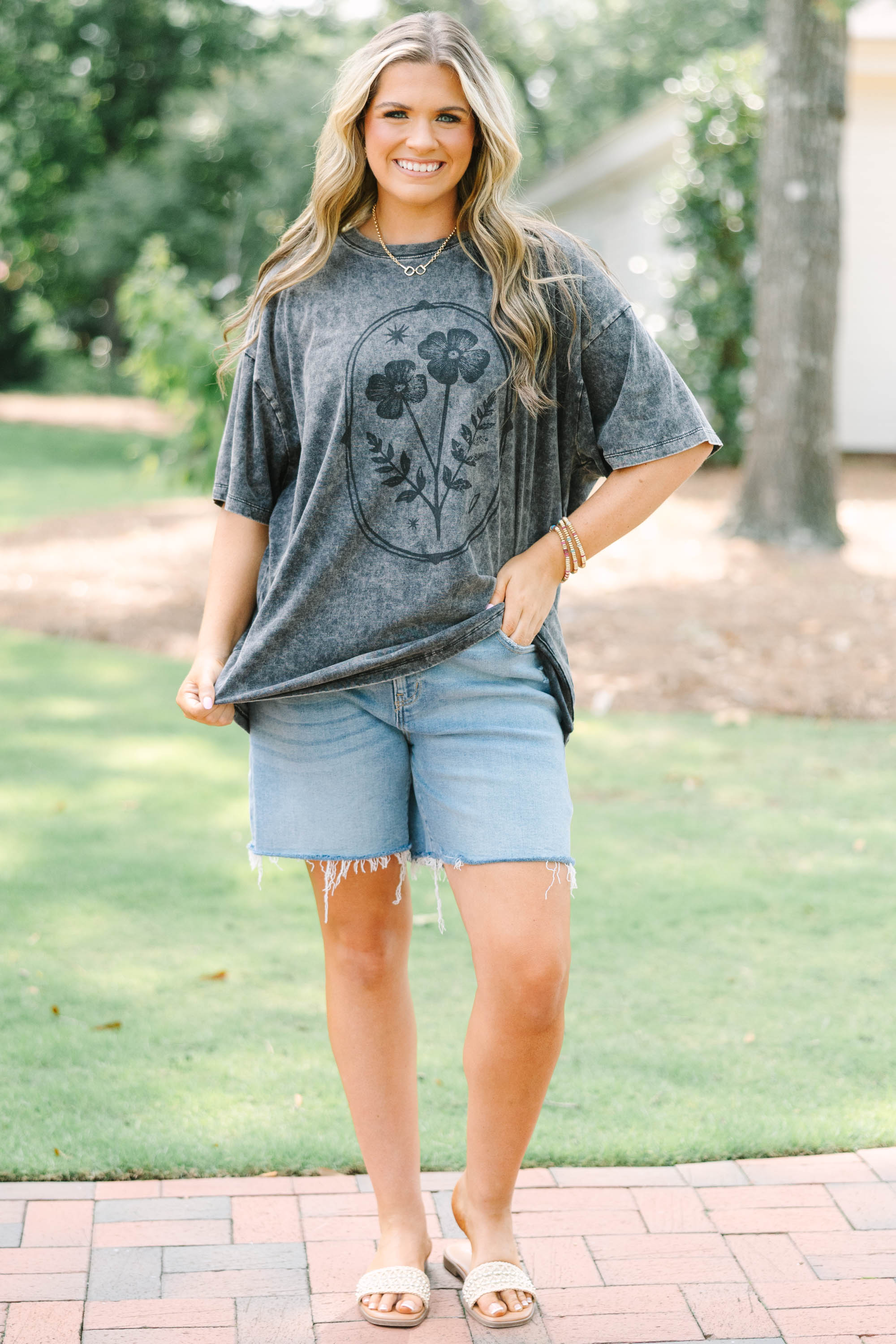 Flower Child Acid Wash Relaxed Tee, Black