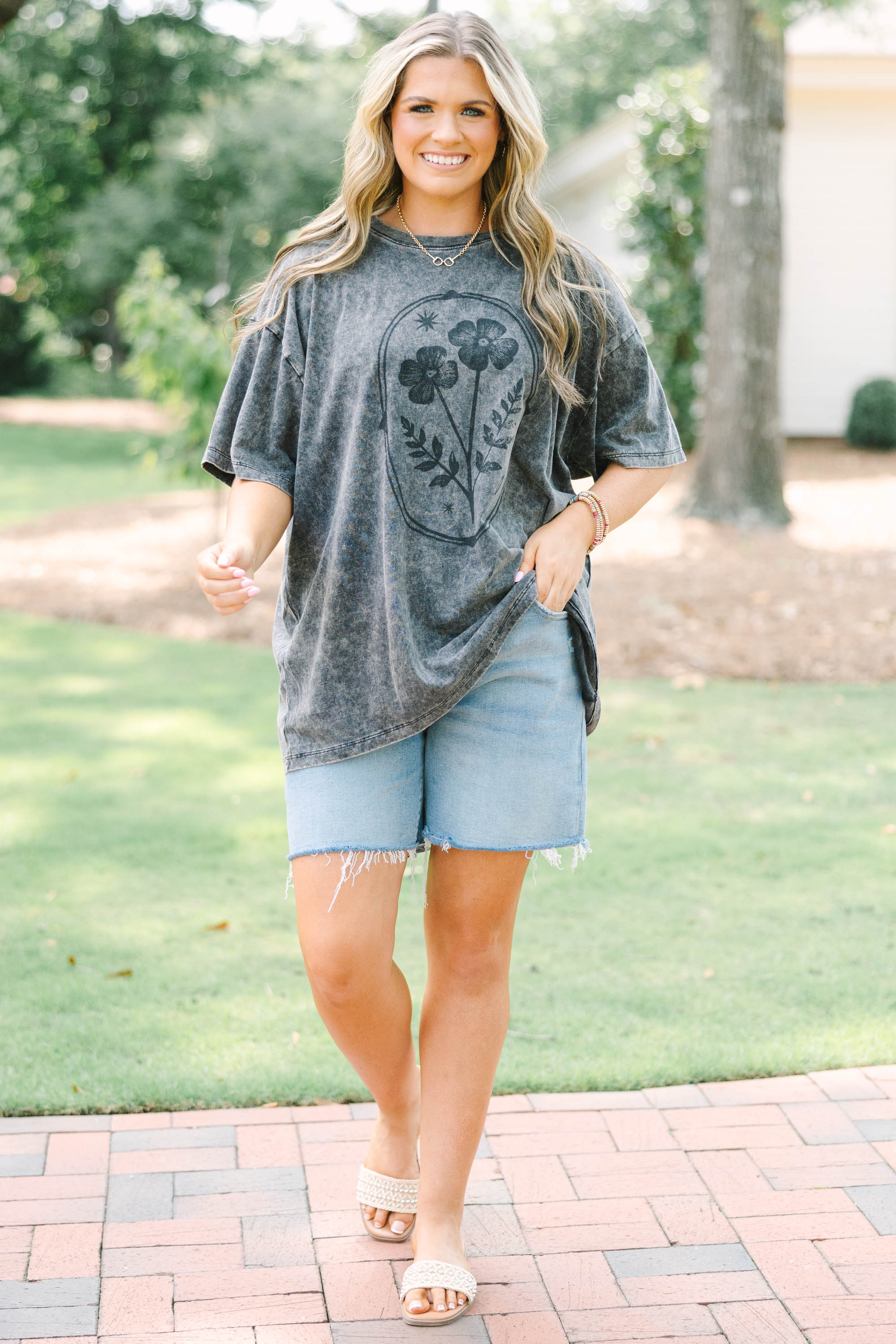 Flower Child Acid Wash Relaxed Tee, Black