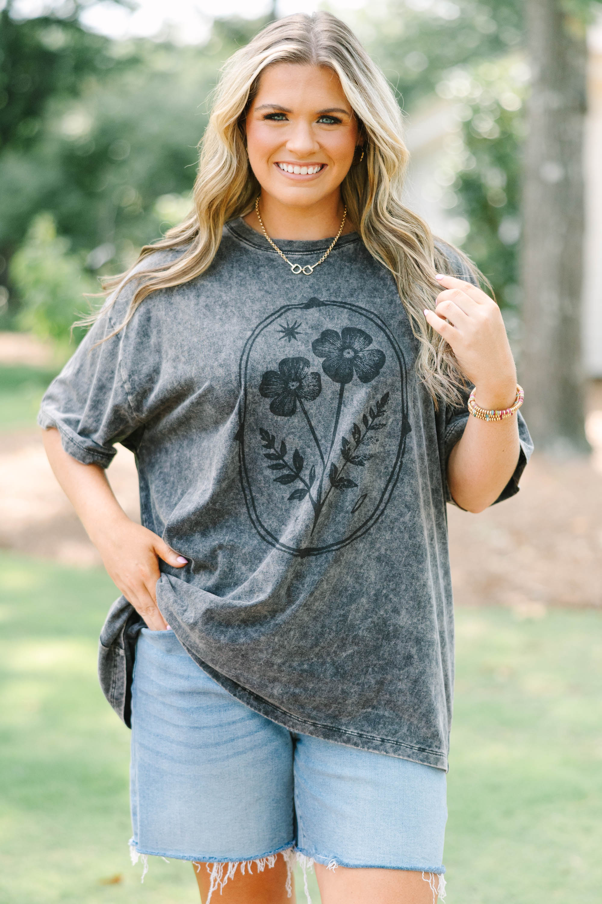 Flower Child Acid Wash Relaxed Tee, Black