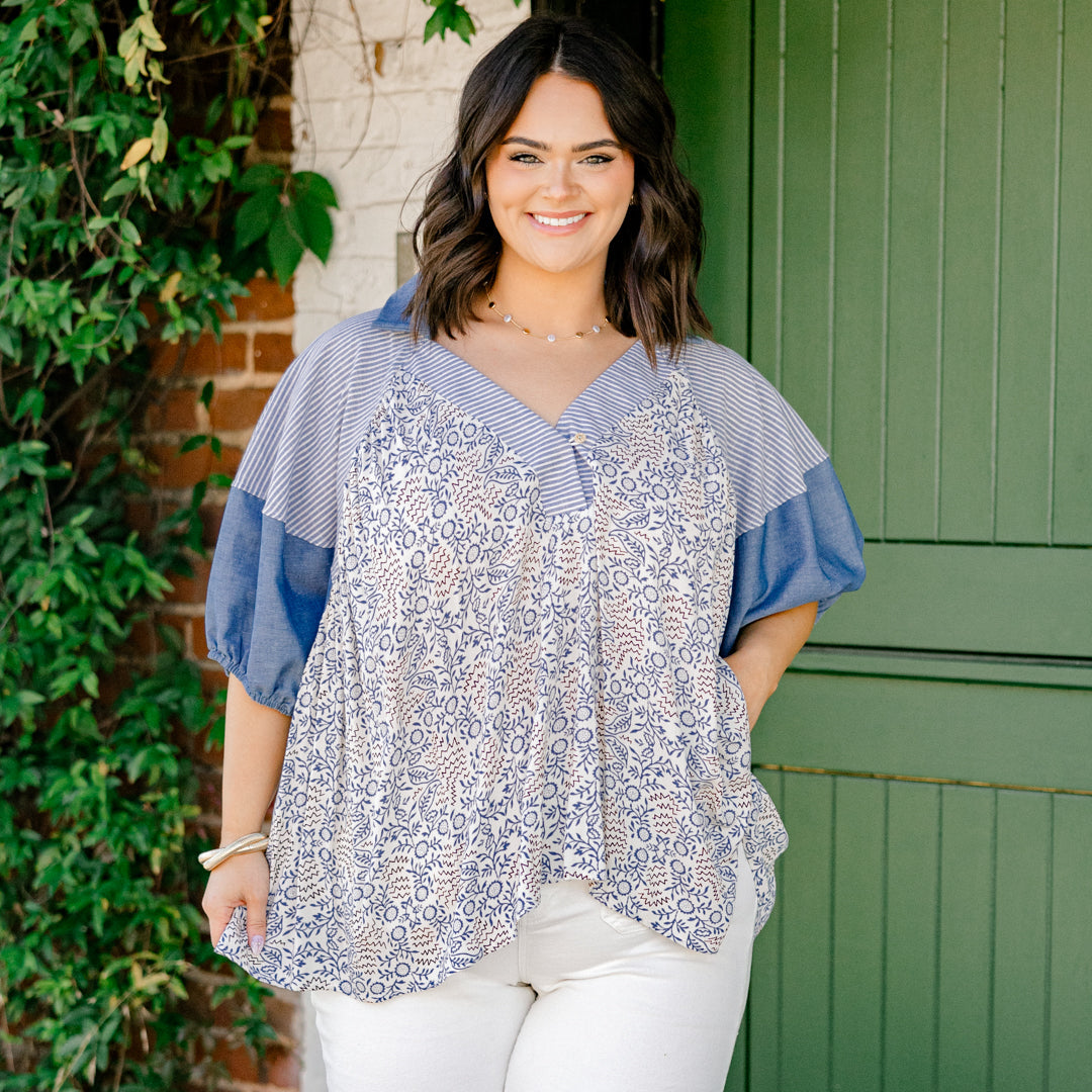 Flower Patch Boho Top, Denim