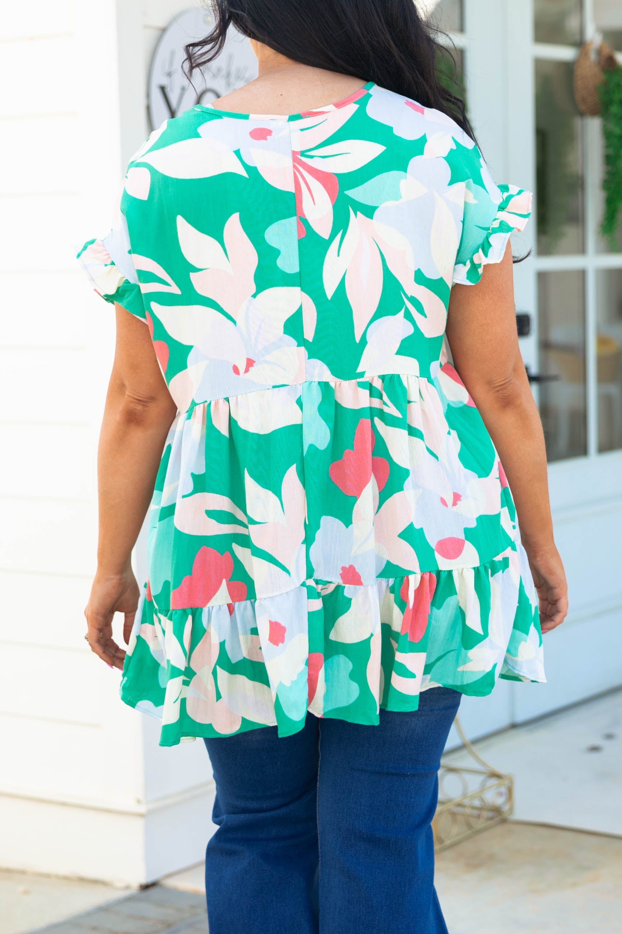 Flowers All Around Top, Turquoise