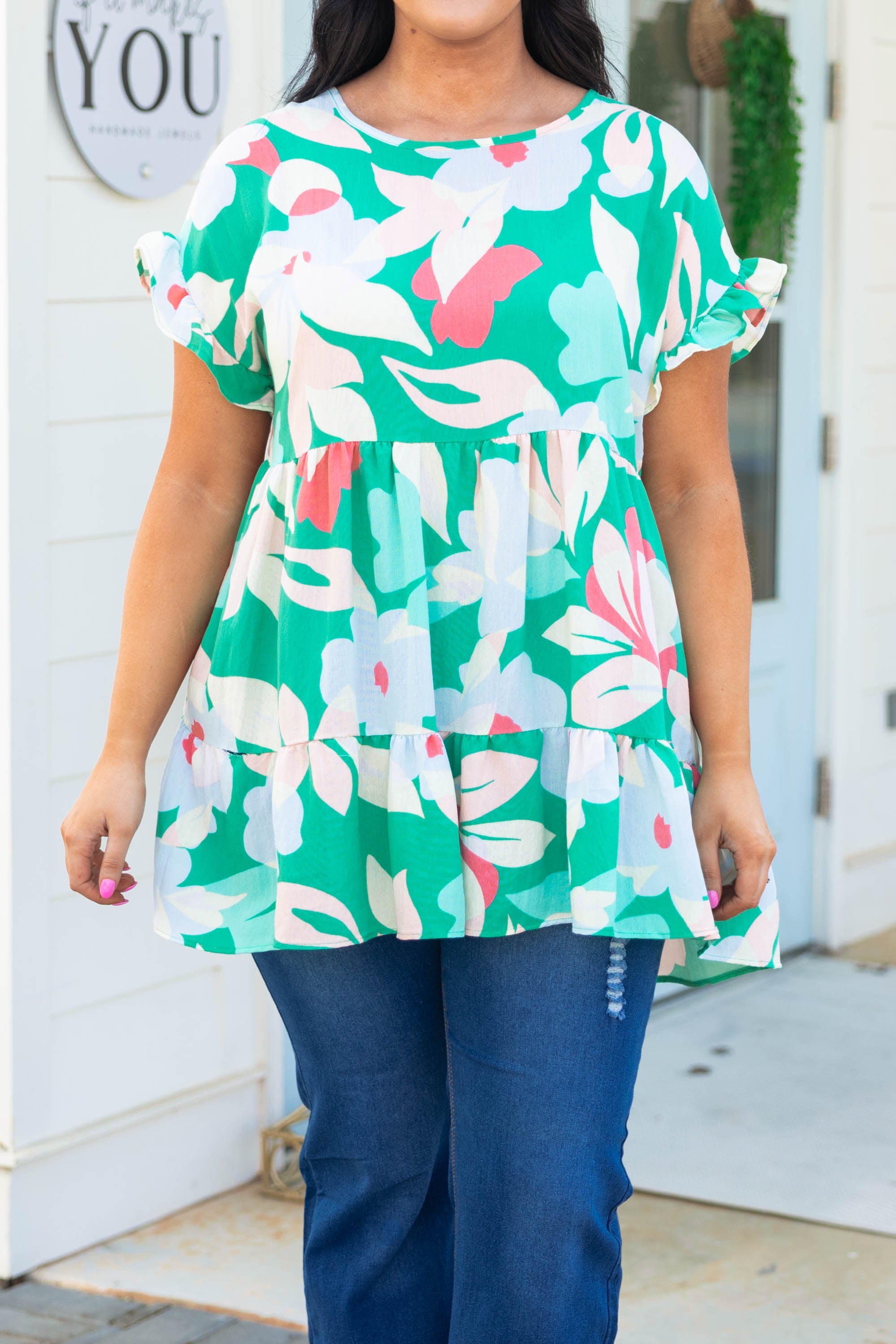 Flowers All Around Top, Turquoise