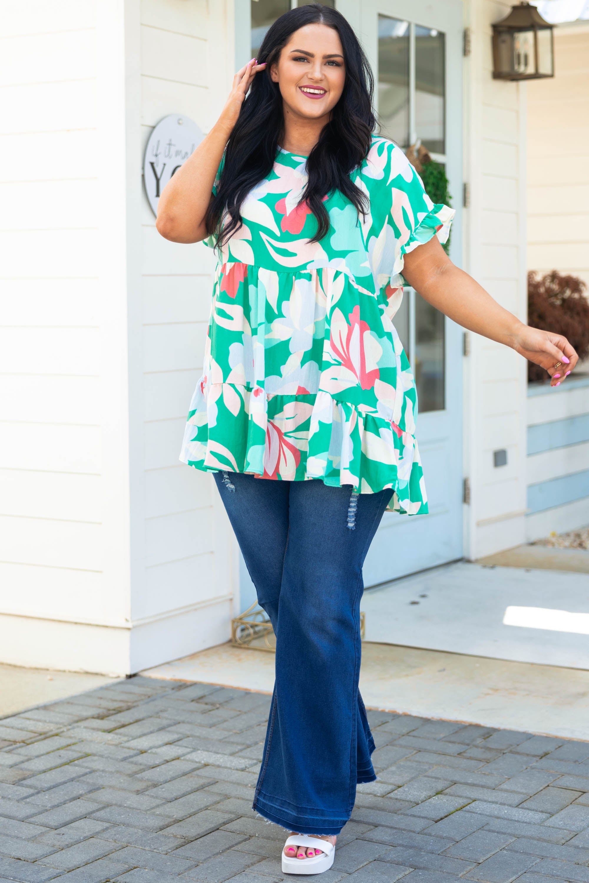 Flowers All Around Top, Turquoise