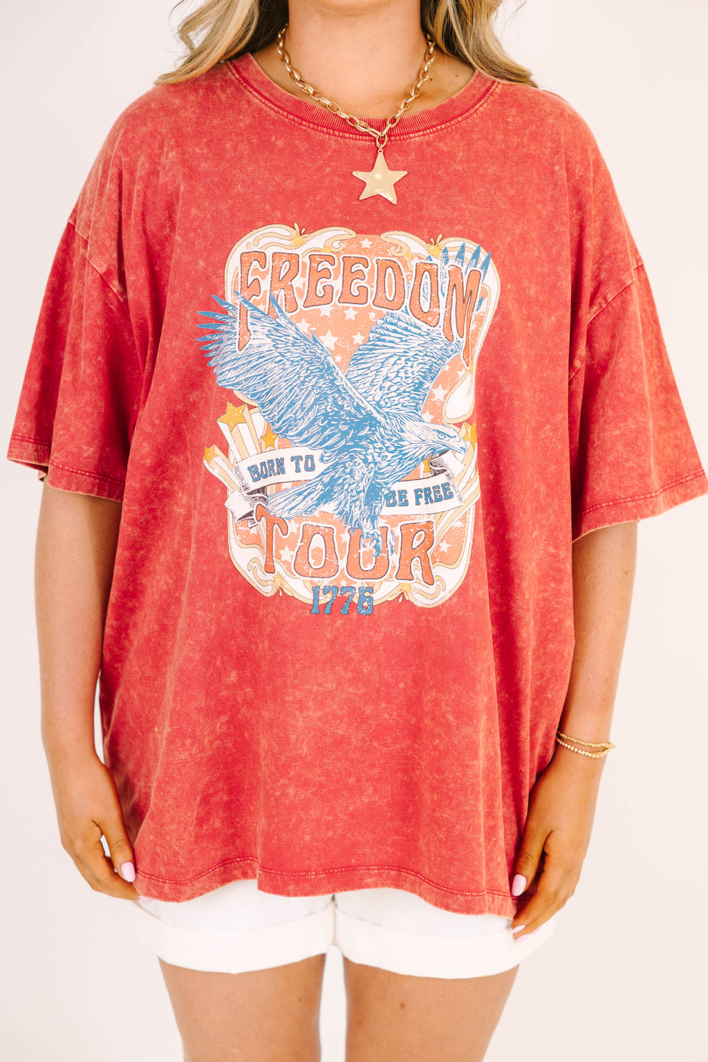 Freedom Acid Wash Relaxed Tee, Dark Red