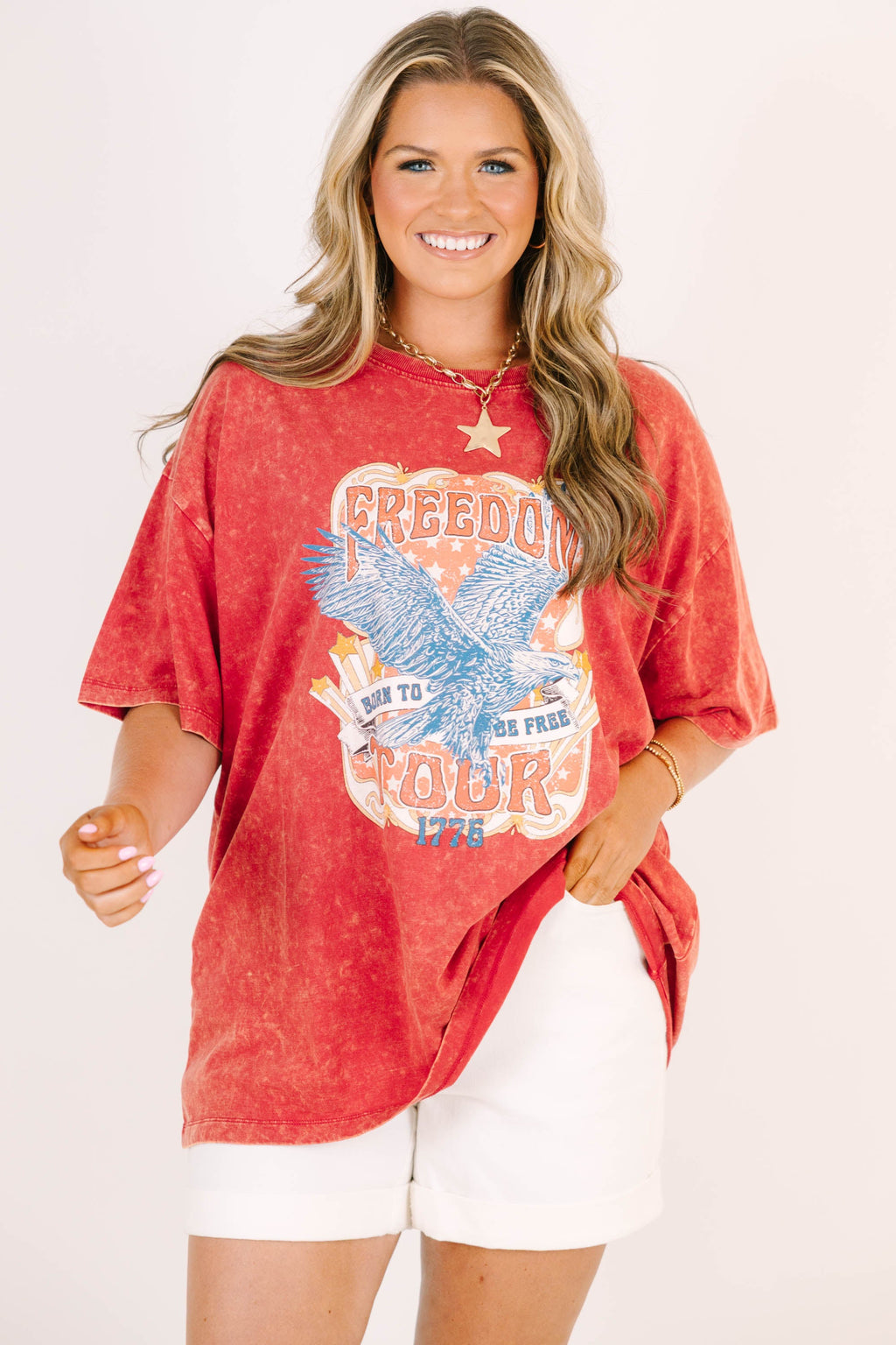 Freedom Acid Wash Relaxed Tee, Dark Red