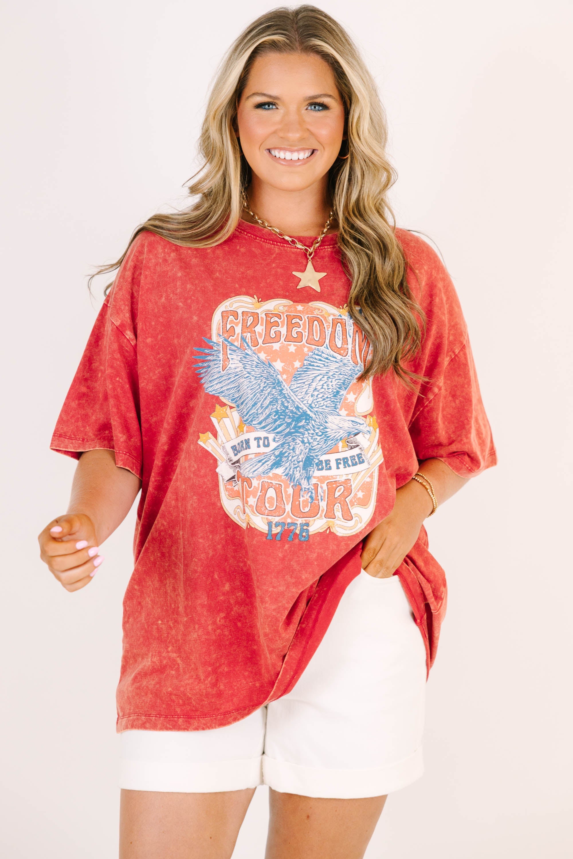 Freedom Acid Wash Relaxed Tee, Dark Red
