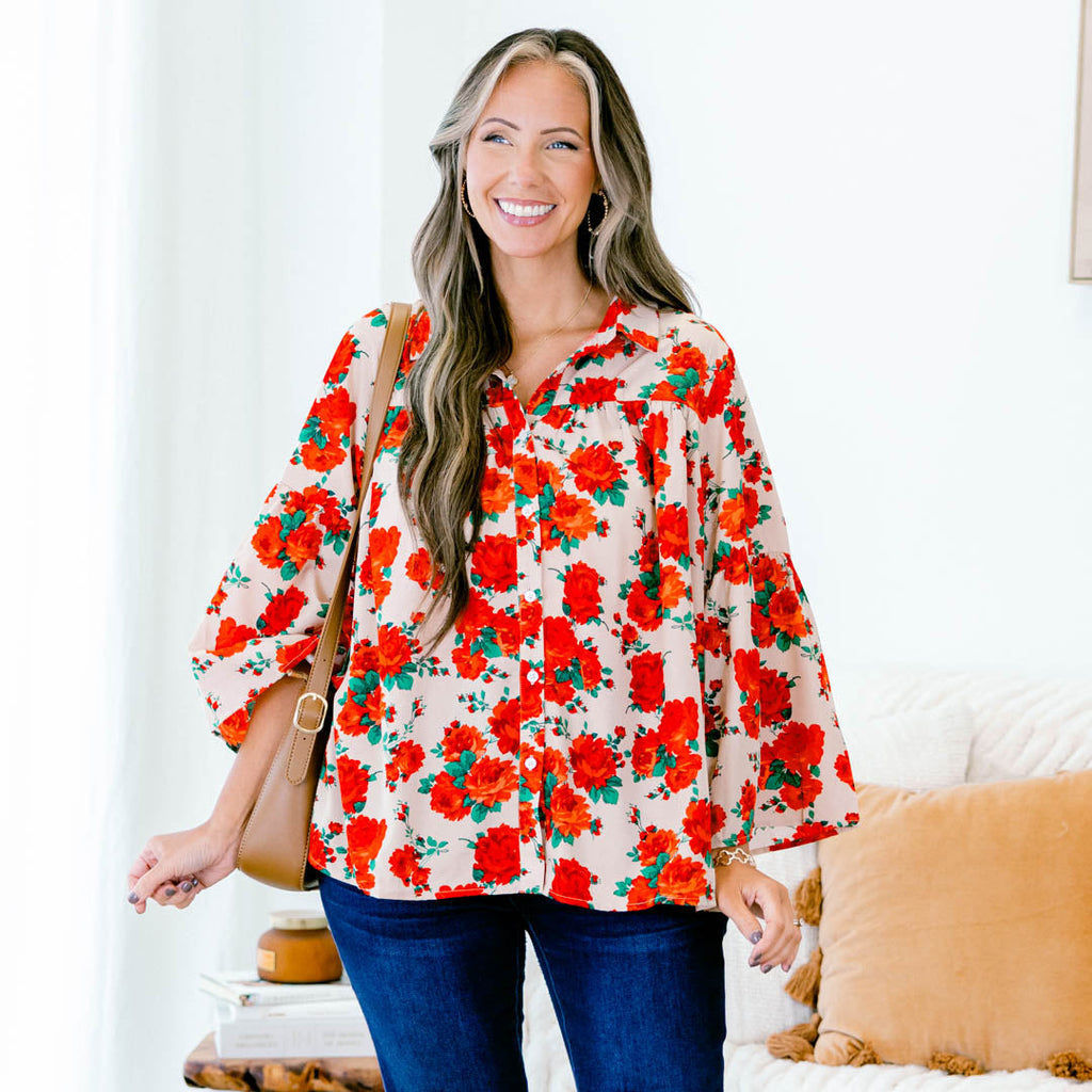 Garden Party Blouse, Red-Beige