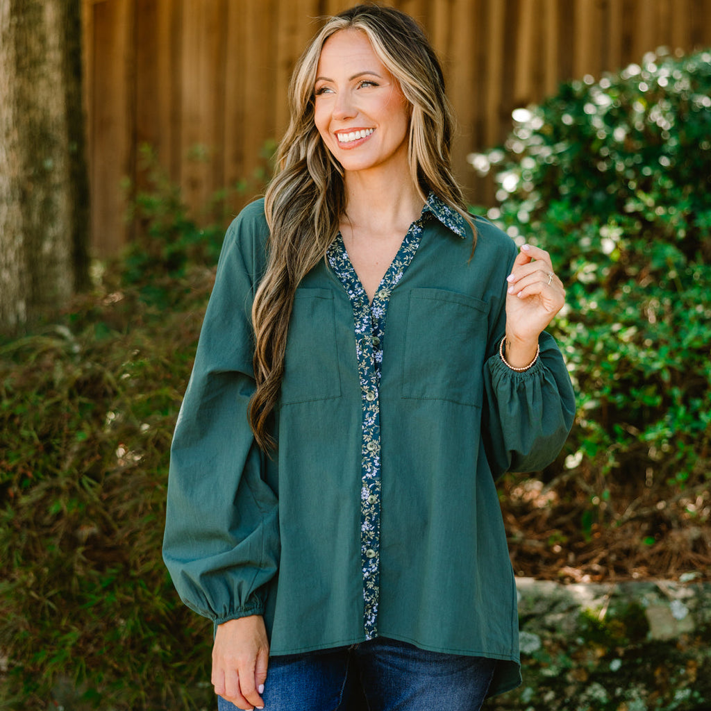 Garden Time Top, Green Floral