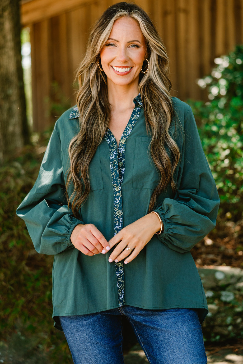 Garden Time Top, Green Floral