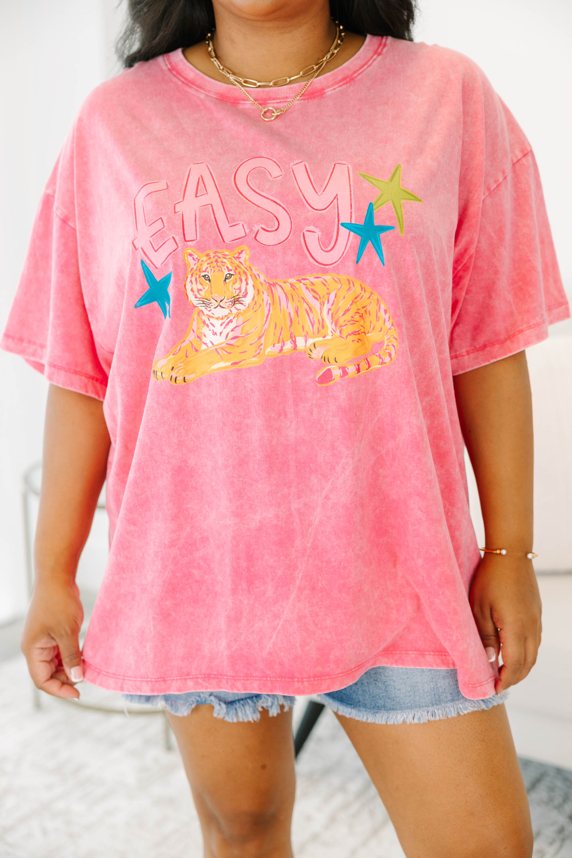 Get It Tiger Acid Wash Relaxed Tee, Fuchsia
