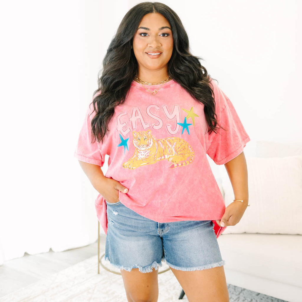 Get It Tiger Acid Wash Relaxed Tee, Fuchsia