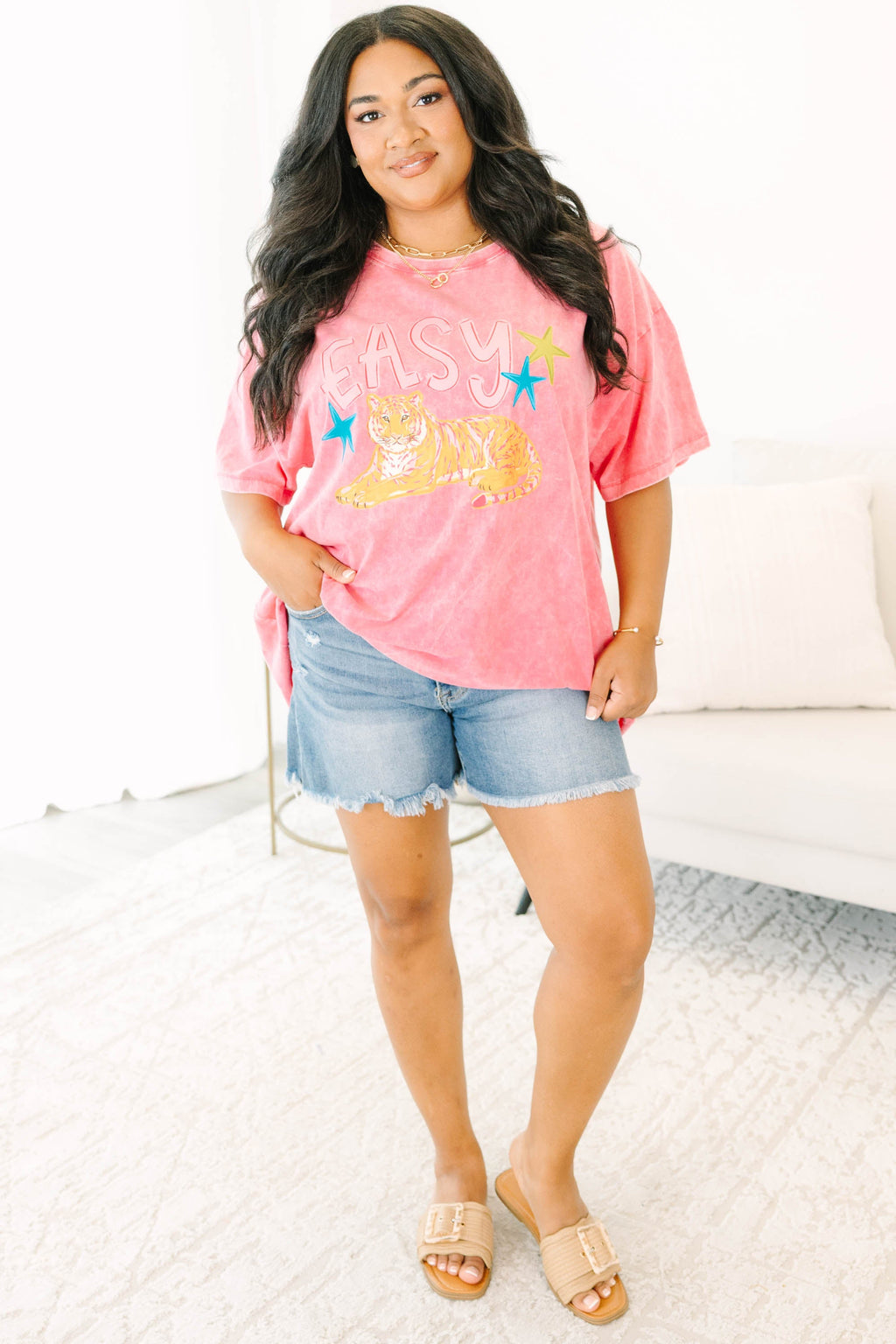 Get It Tiger Acid Wash Relaxed Tee, Fuchsia