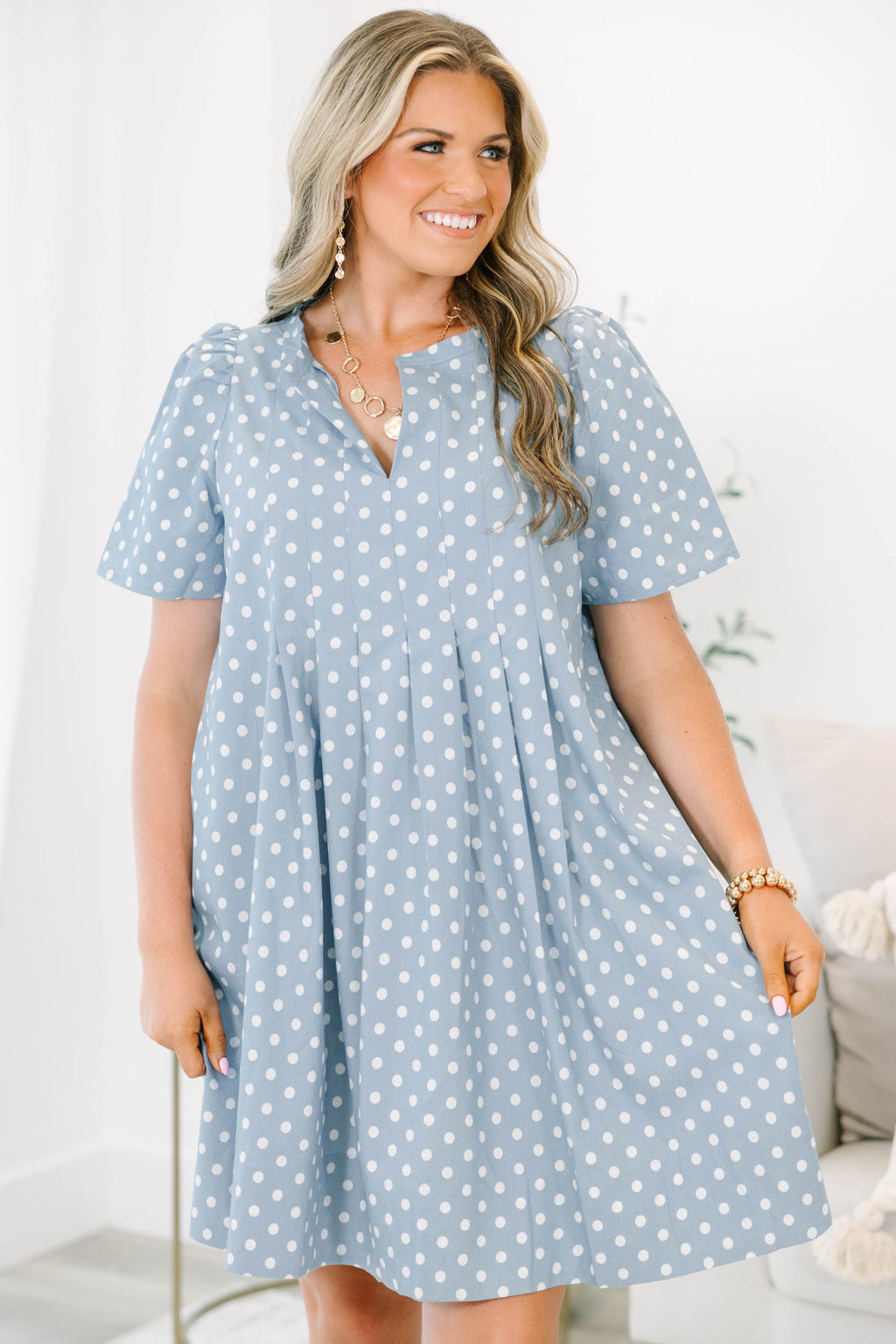 Going The Right Way Dress, Blue Polka Dot