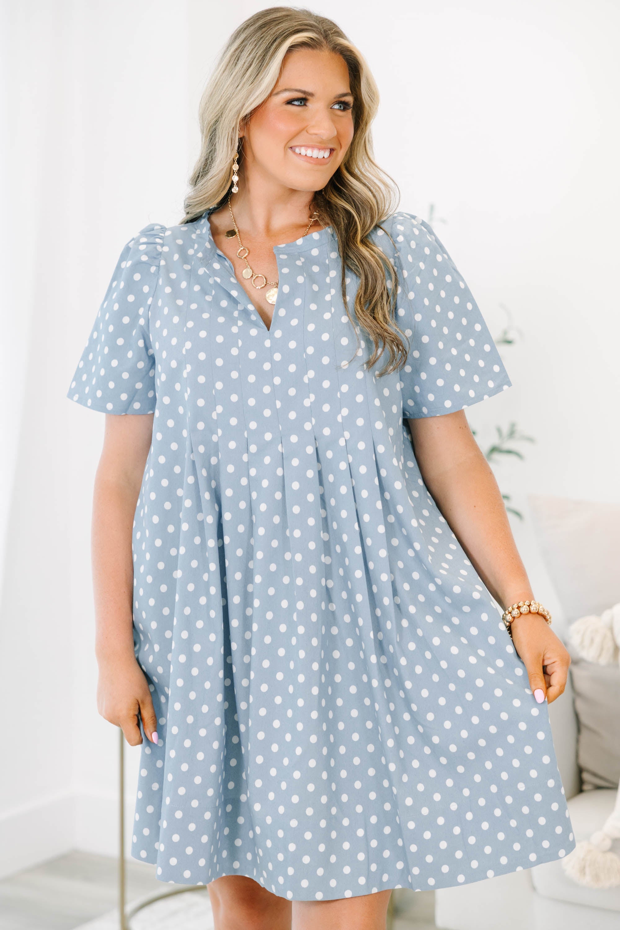 Going The Right Way Dress, Blue Polka Dot