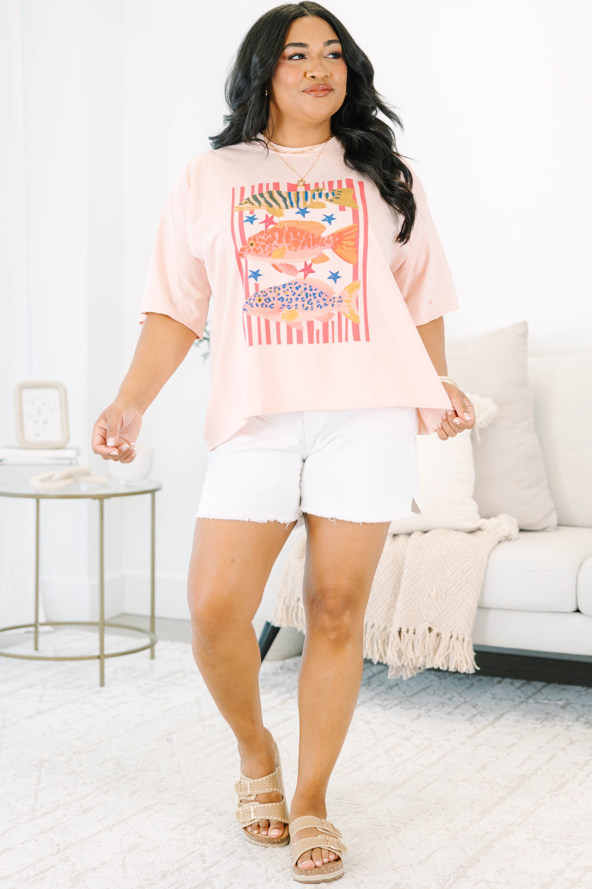Gone Fishin' Vintage Wash Tee, Blush Pink