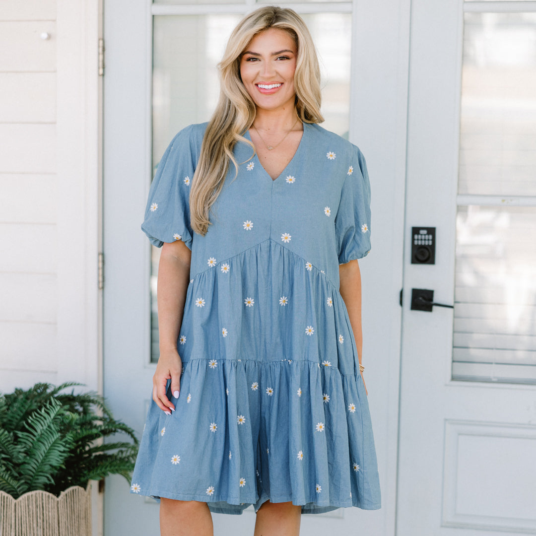 Hidden Reflections Romper, Denim Blue