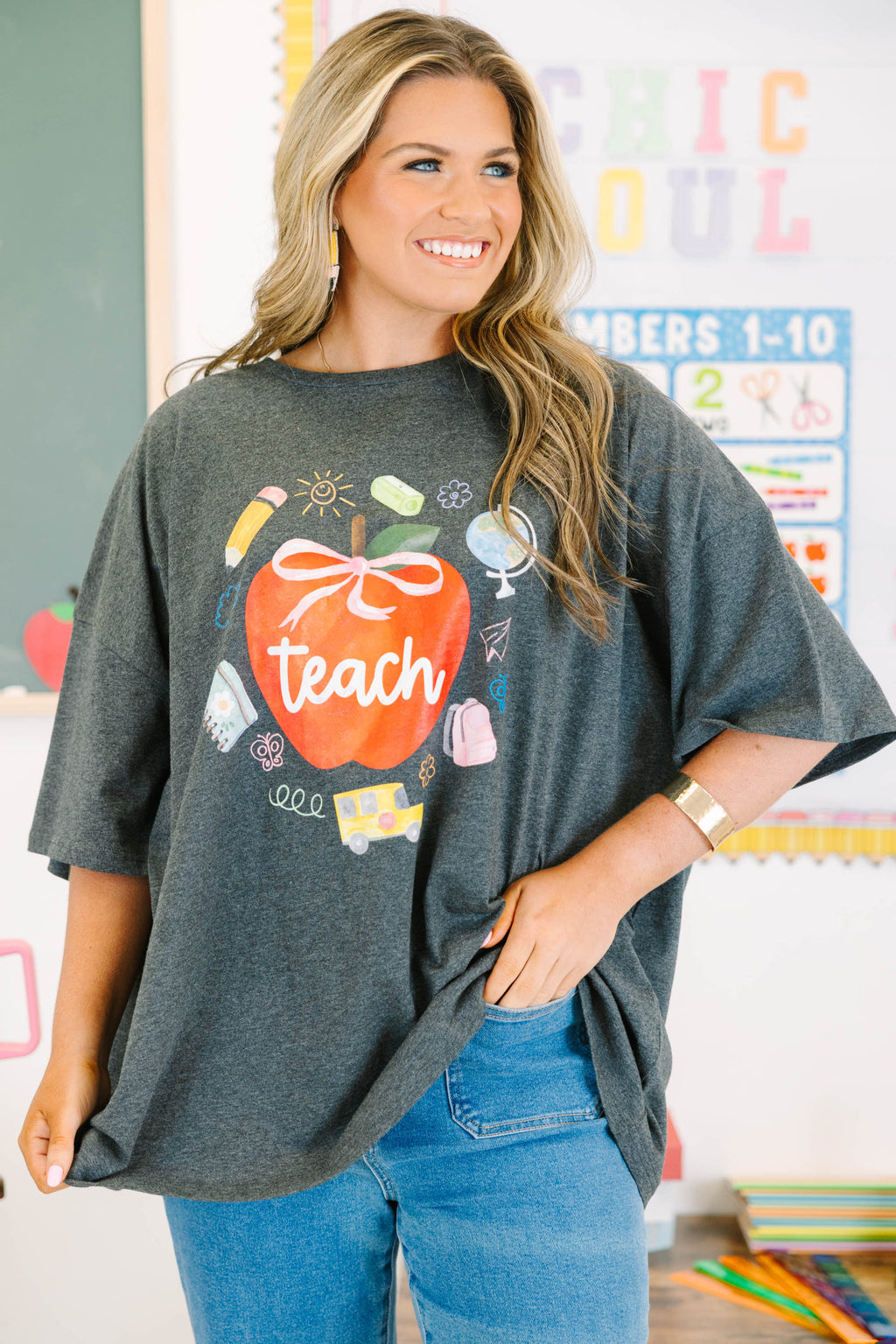I Love Teaching Boyfriend Tee, Charcoal